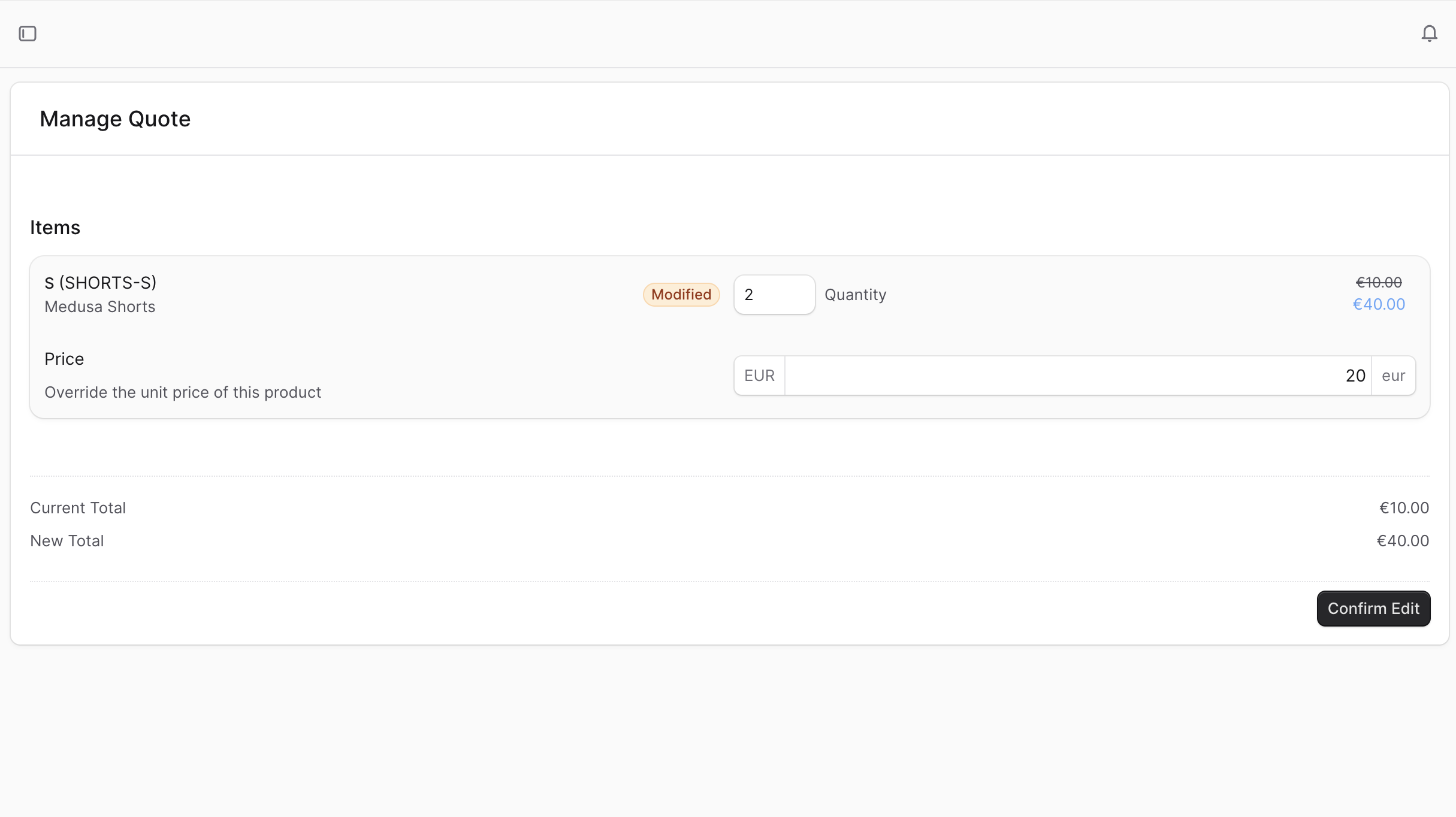 Edit quote items page in Medusa Admin
