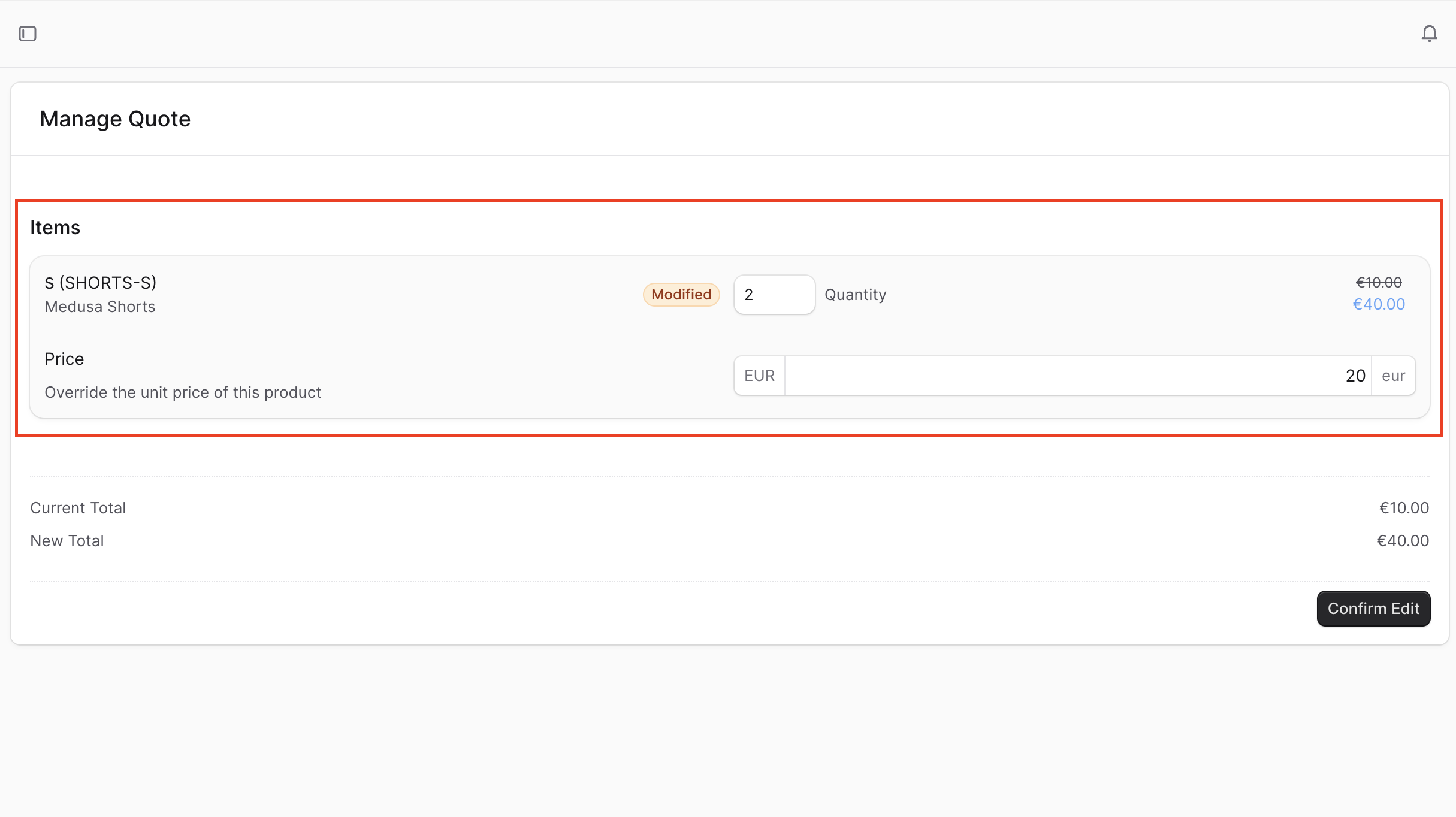 Screenshot of the manage item component in Medusa Admin