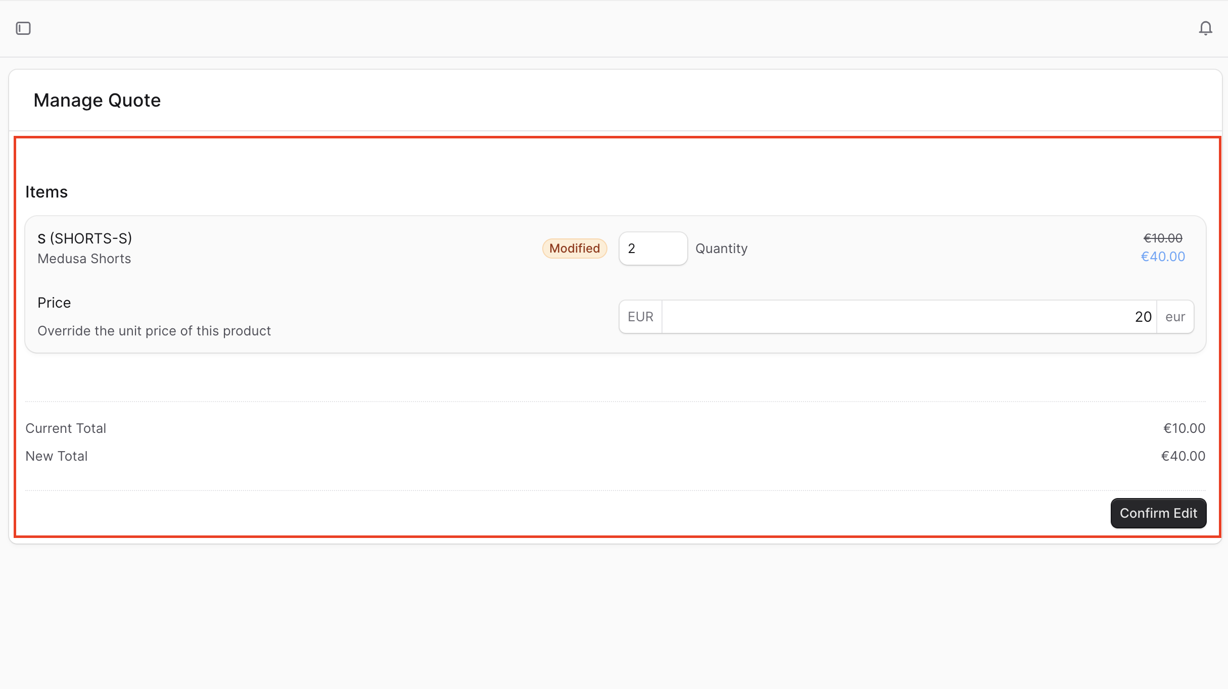 Screenshot of the manage quote form in the Medusa Admin