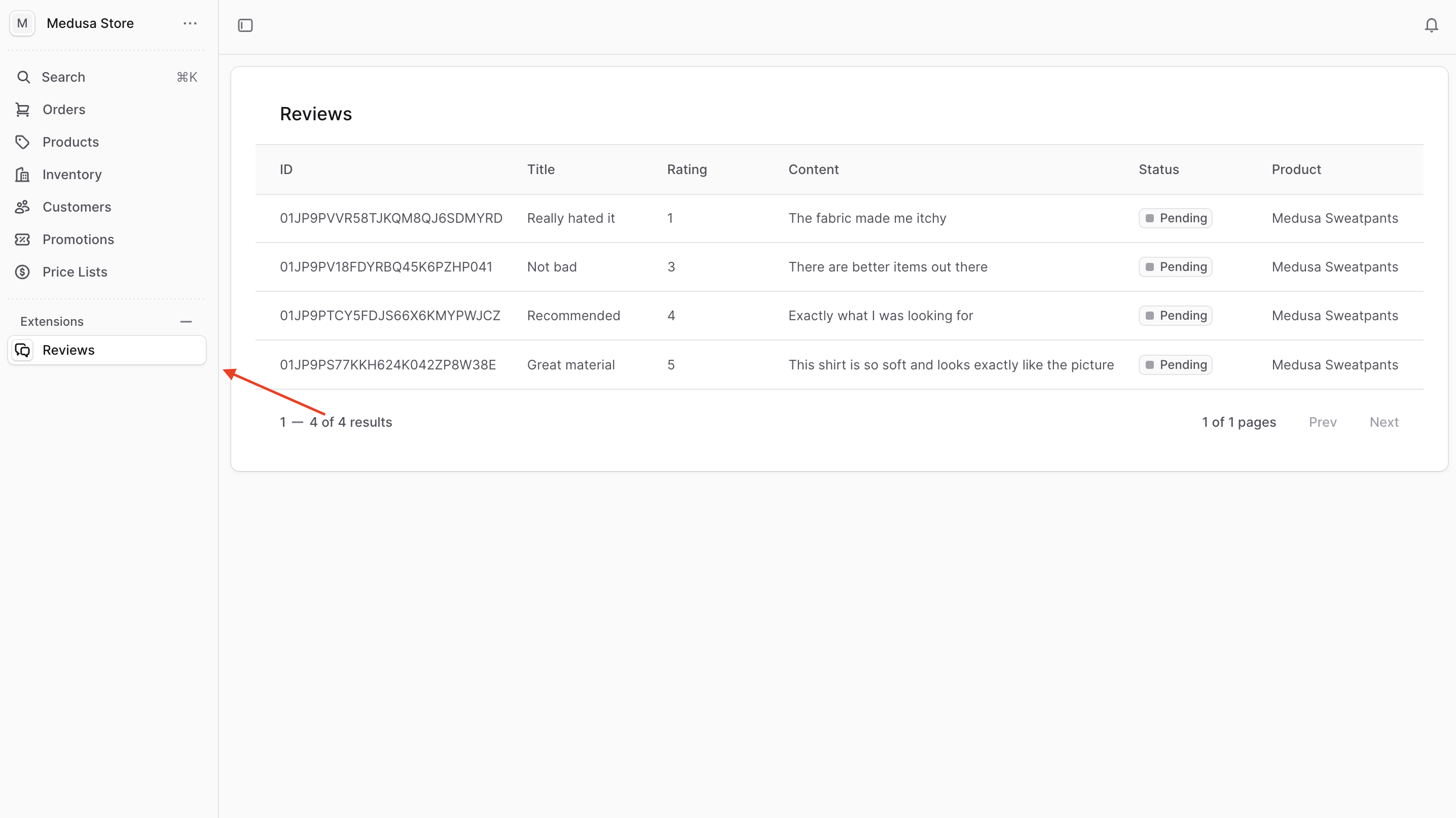 Reviews page showing list of reviews