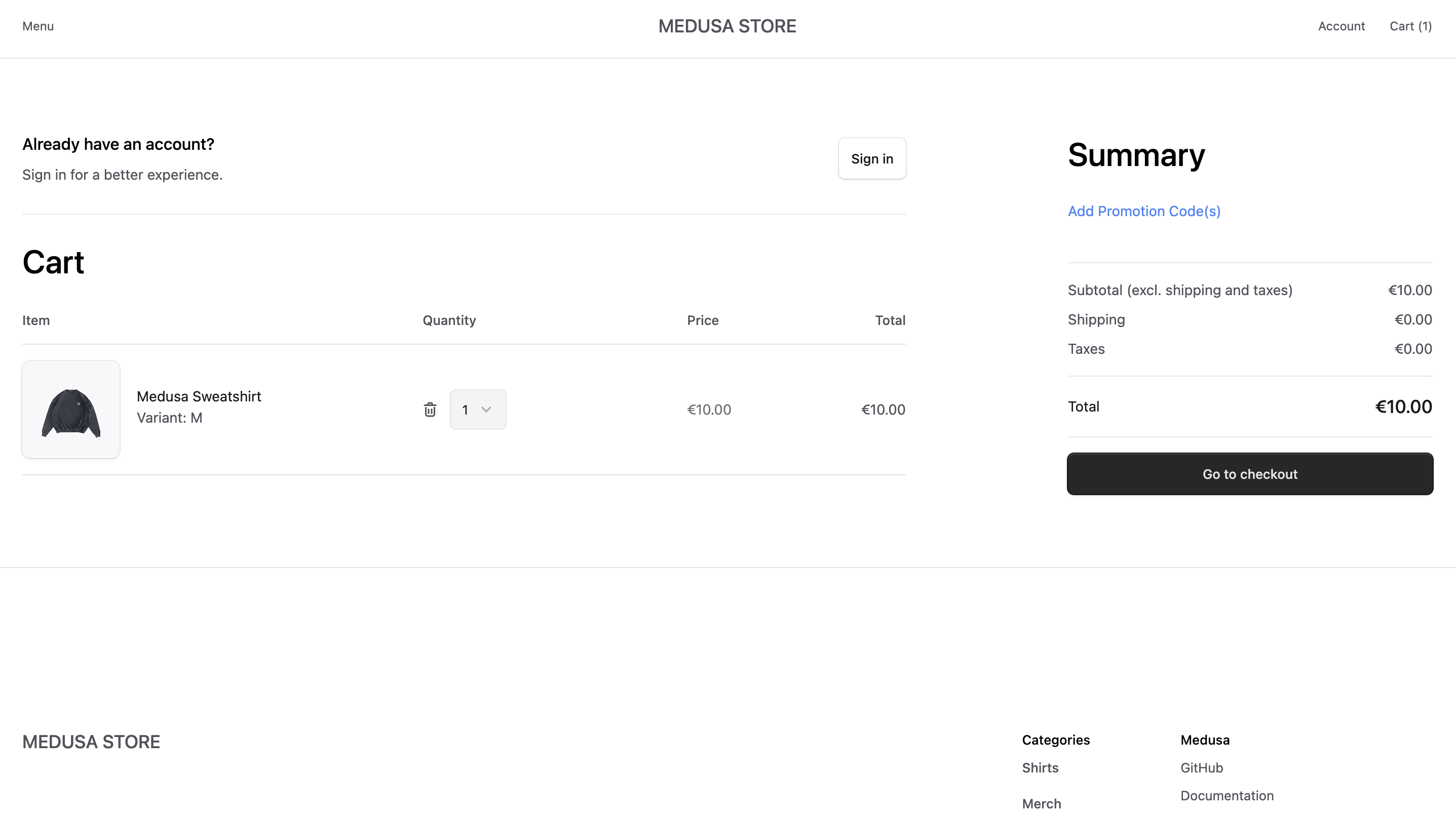 Cart page in the storefront