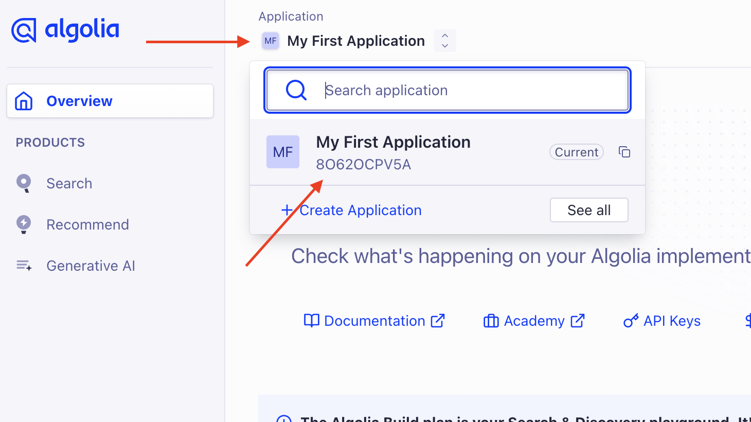 Find the Algolia App ID by clicking on the application name in the Algolia dashboard, then copying the ID below the name in the pop-up