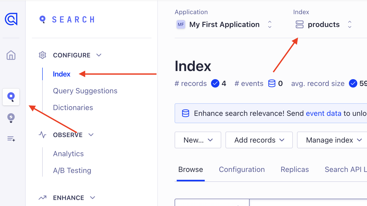 In the Algolia dashboard, go to Search -> Index and copy the index name at the top of the page