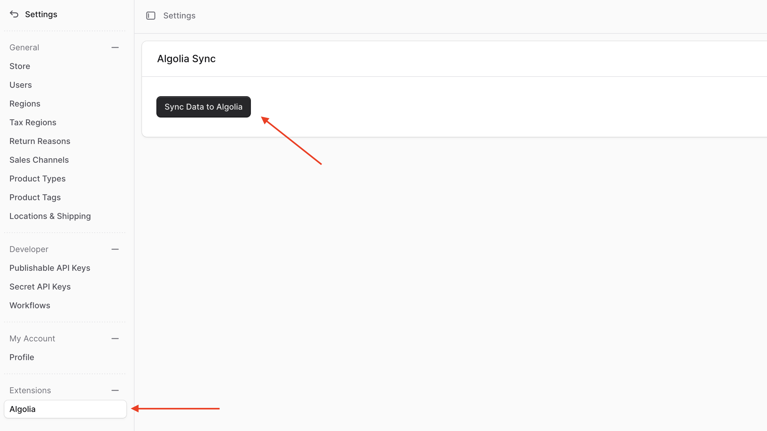 The Algolia Sync page in the Medusa Admin dashboard with a button to sync products to Algolia