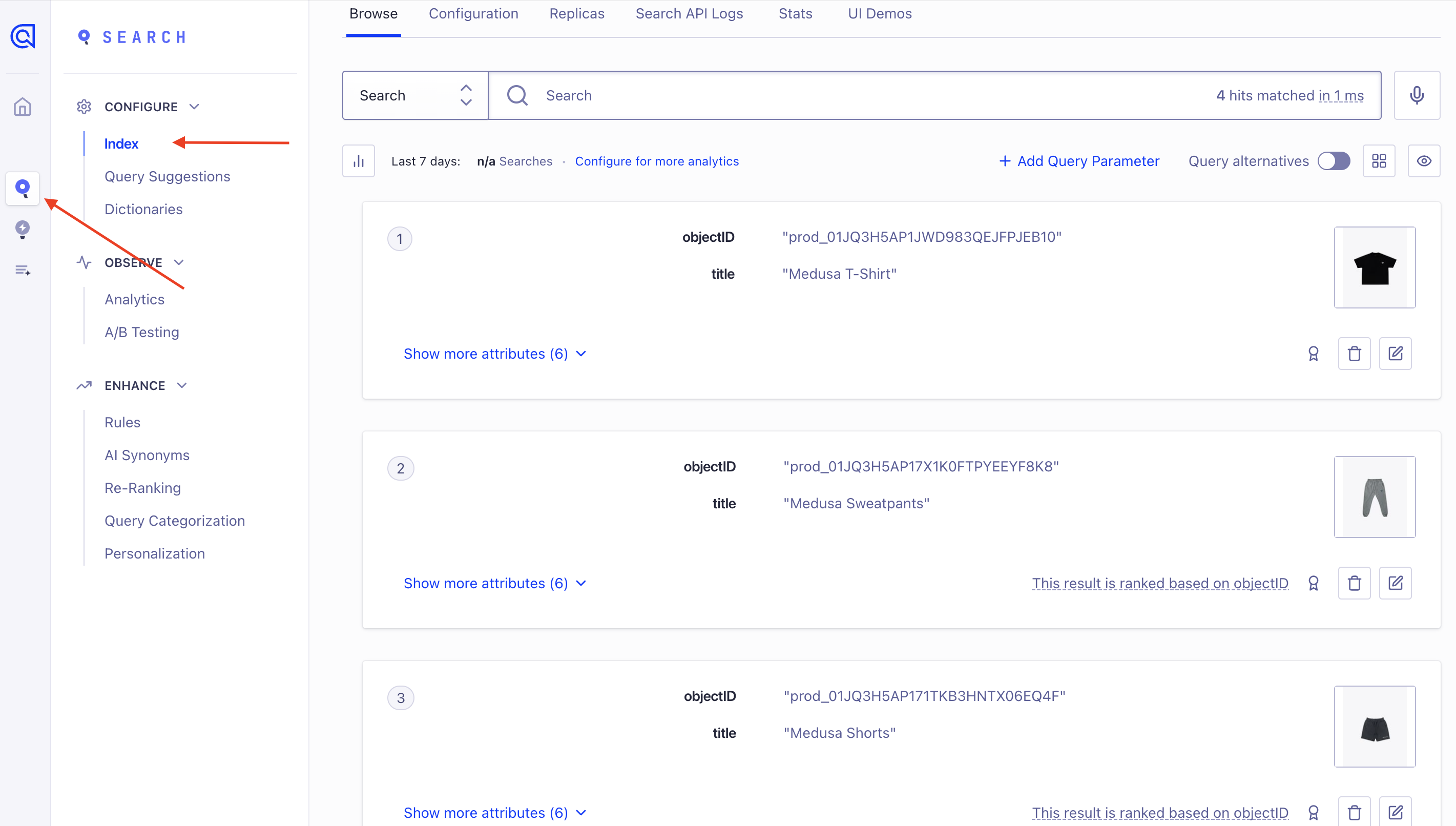 The Algolia dashboard showing the indexed products