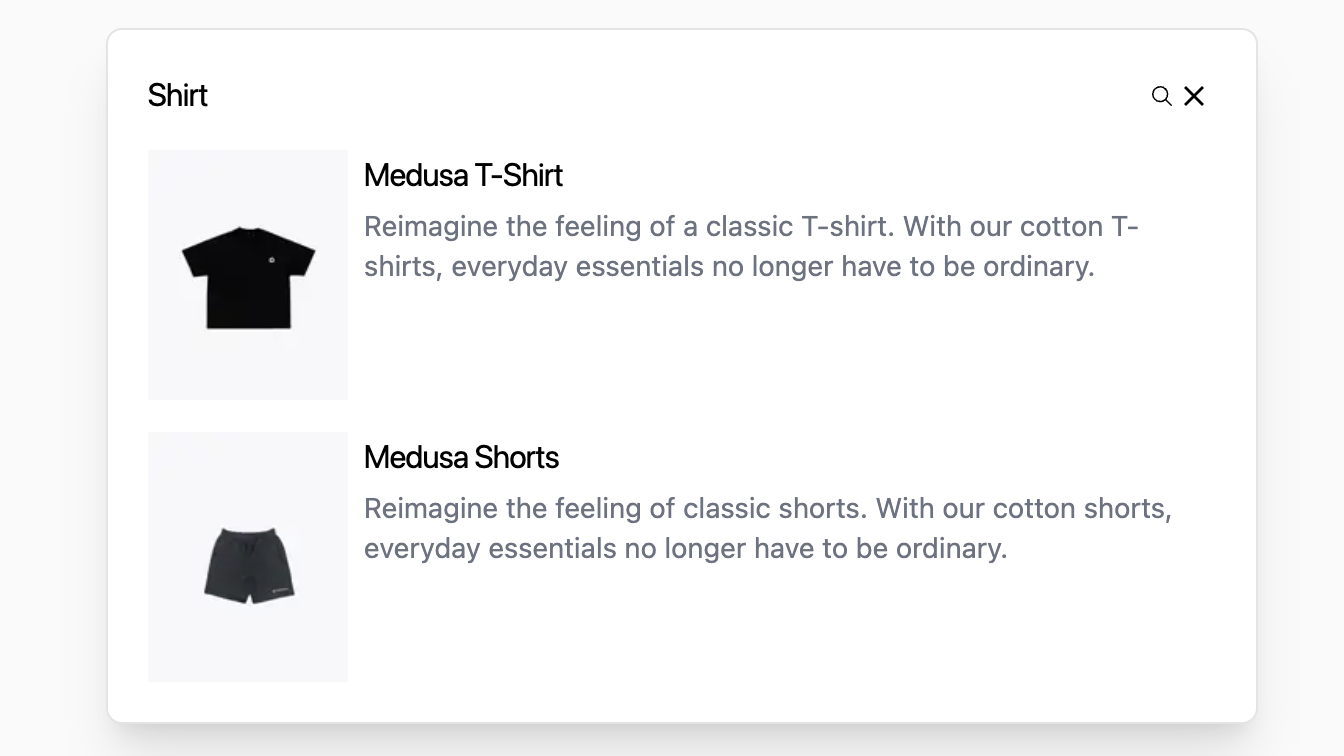 The Next.js Starter Storefront showing the search modal with search results