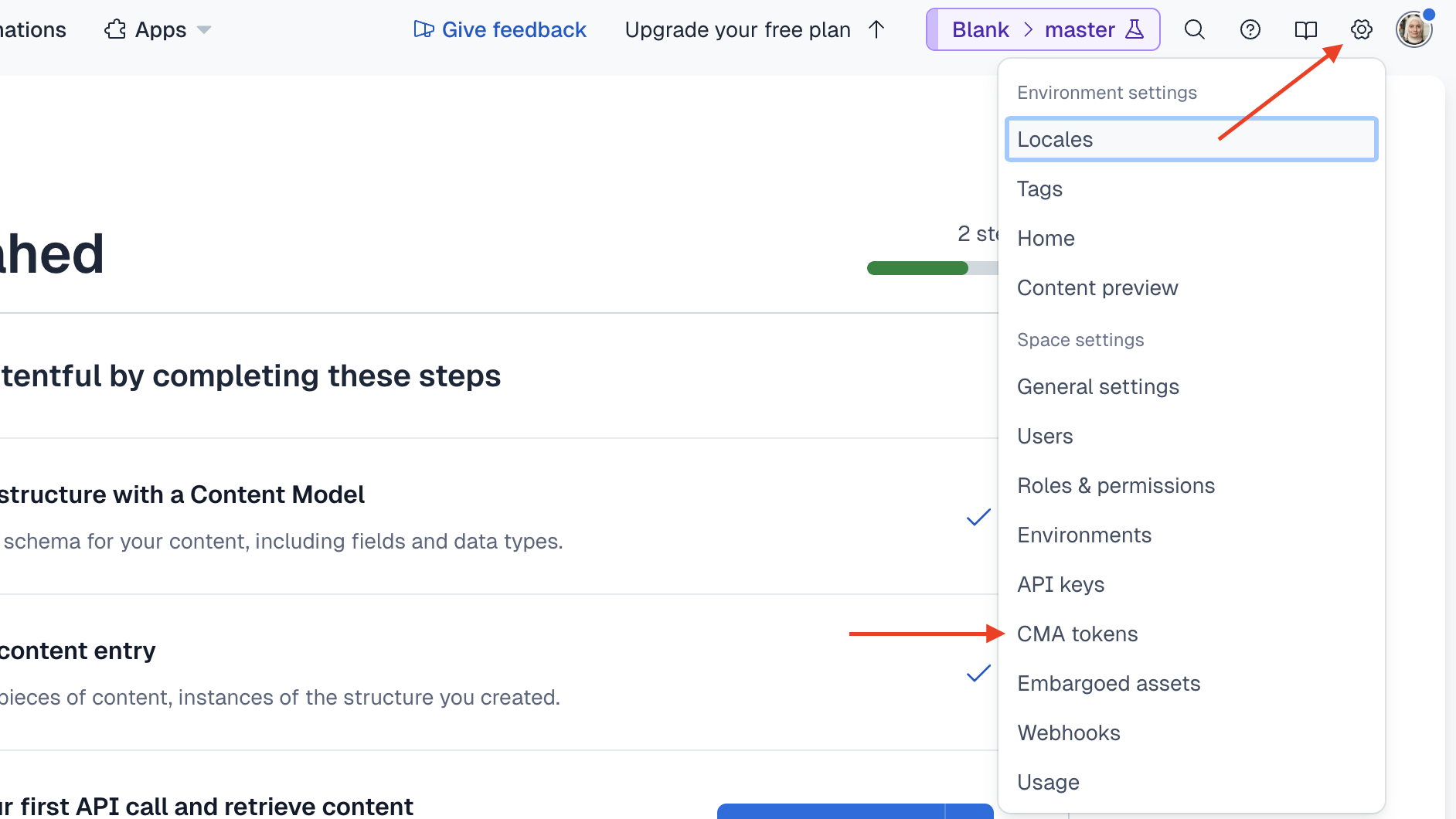 The cog icon is at the top right next to the user avatar. If you click on it, a dropdown will show where you can click on "CMA tokens".