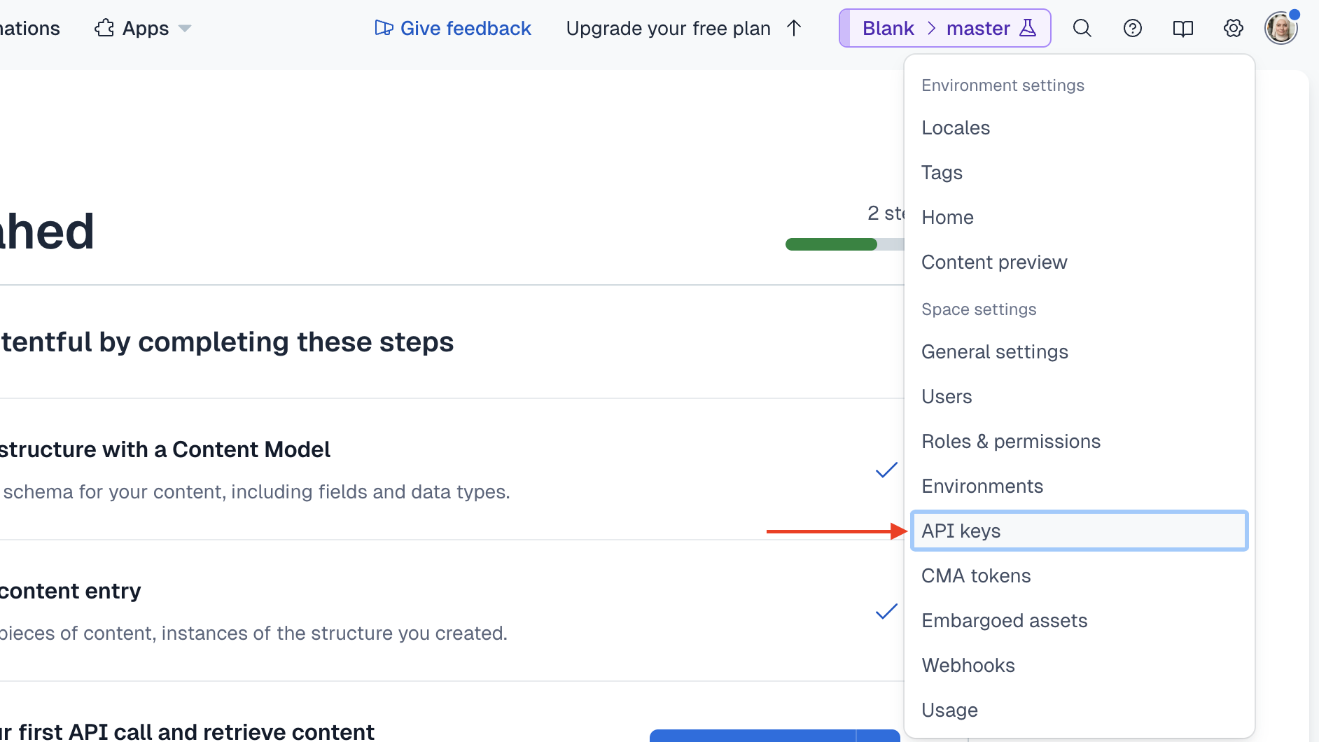 The cog icon is at the top right next to the user avatar. If you click on it, a dropdown will show where you can click on "API keys".
