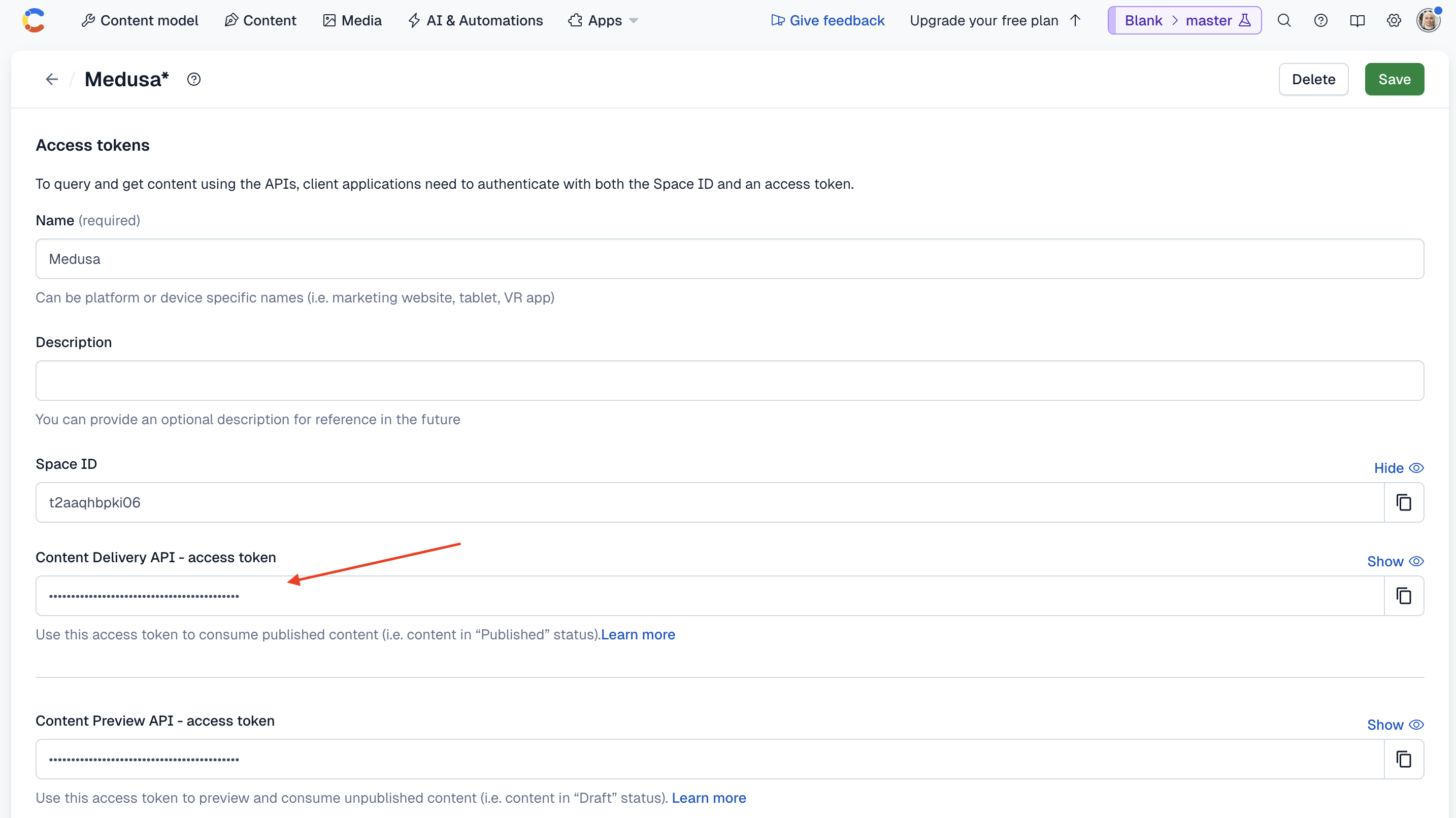 Copy the API key from the "Content Delivery API - access token" field