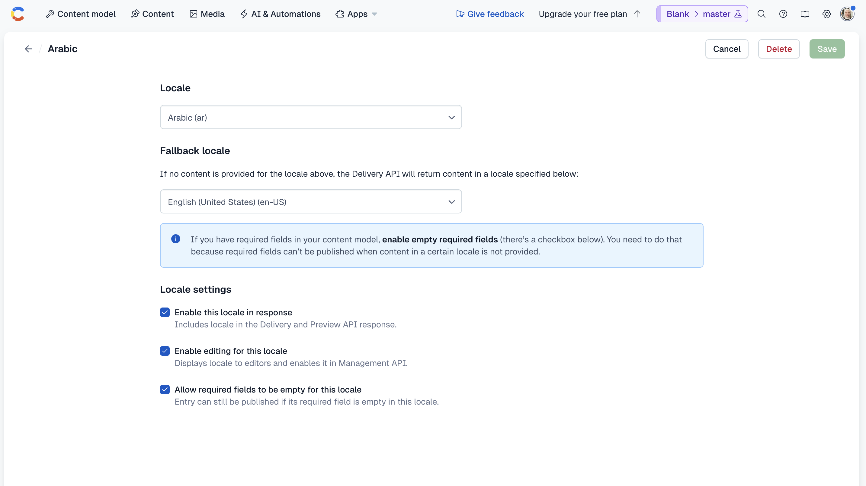 Example of the locale's settings in the Contentful dashboard