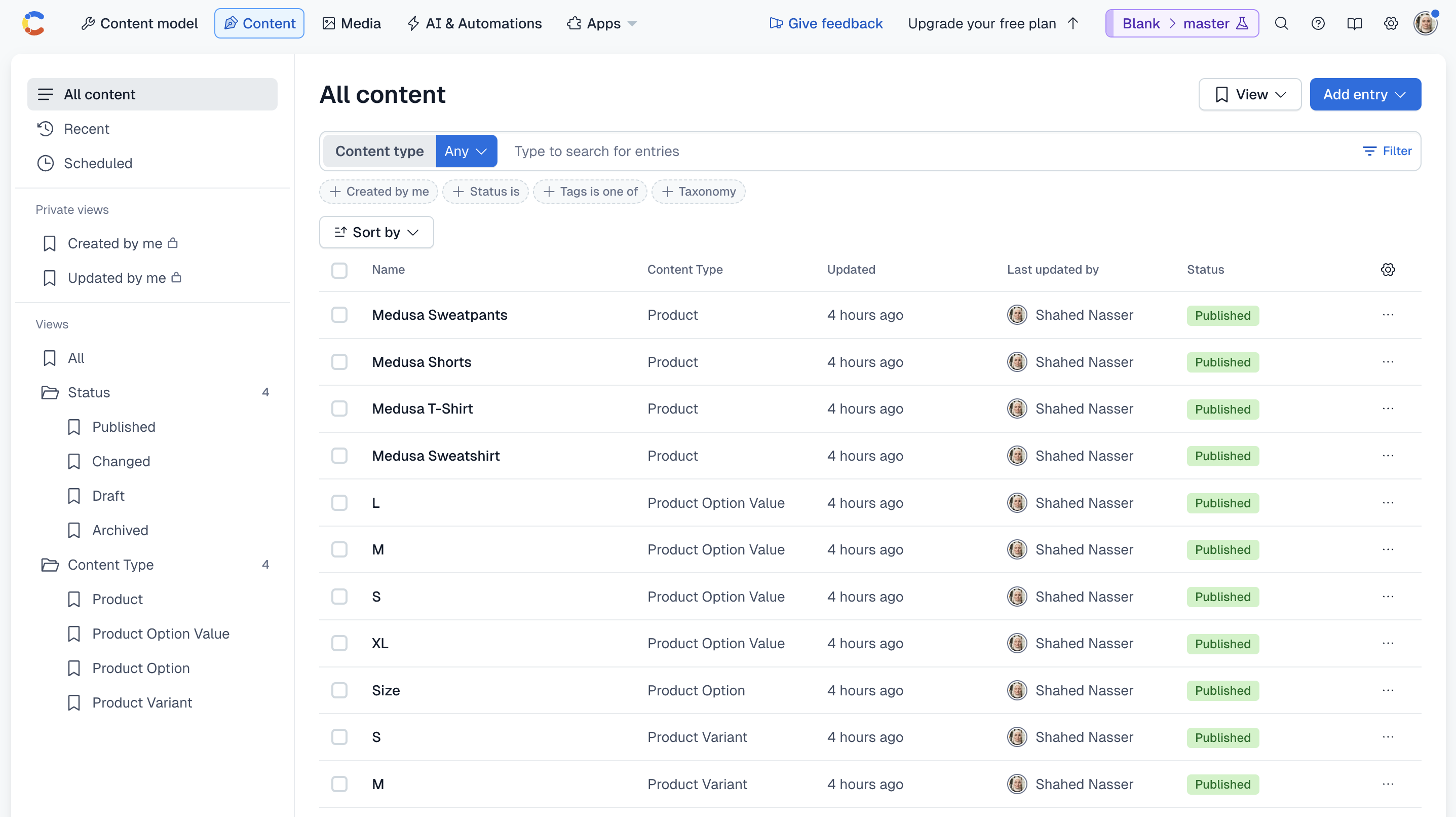 The Contentful dashboard showing the synced products