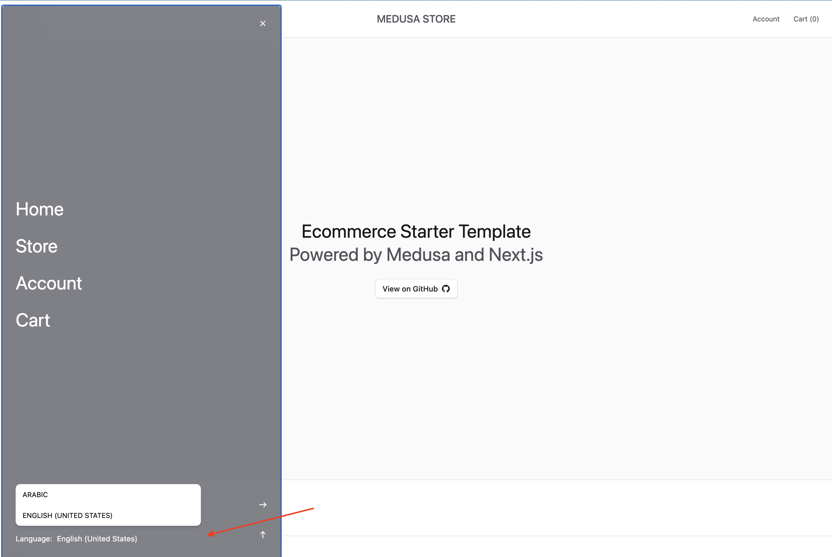 The locale selector in the side menu