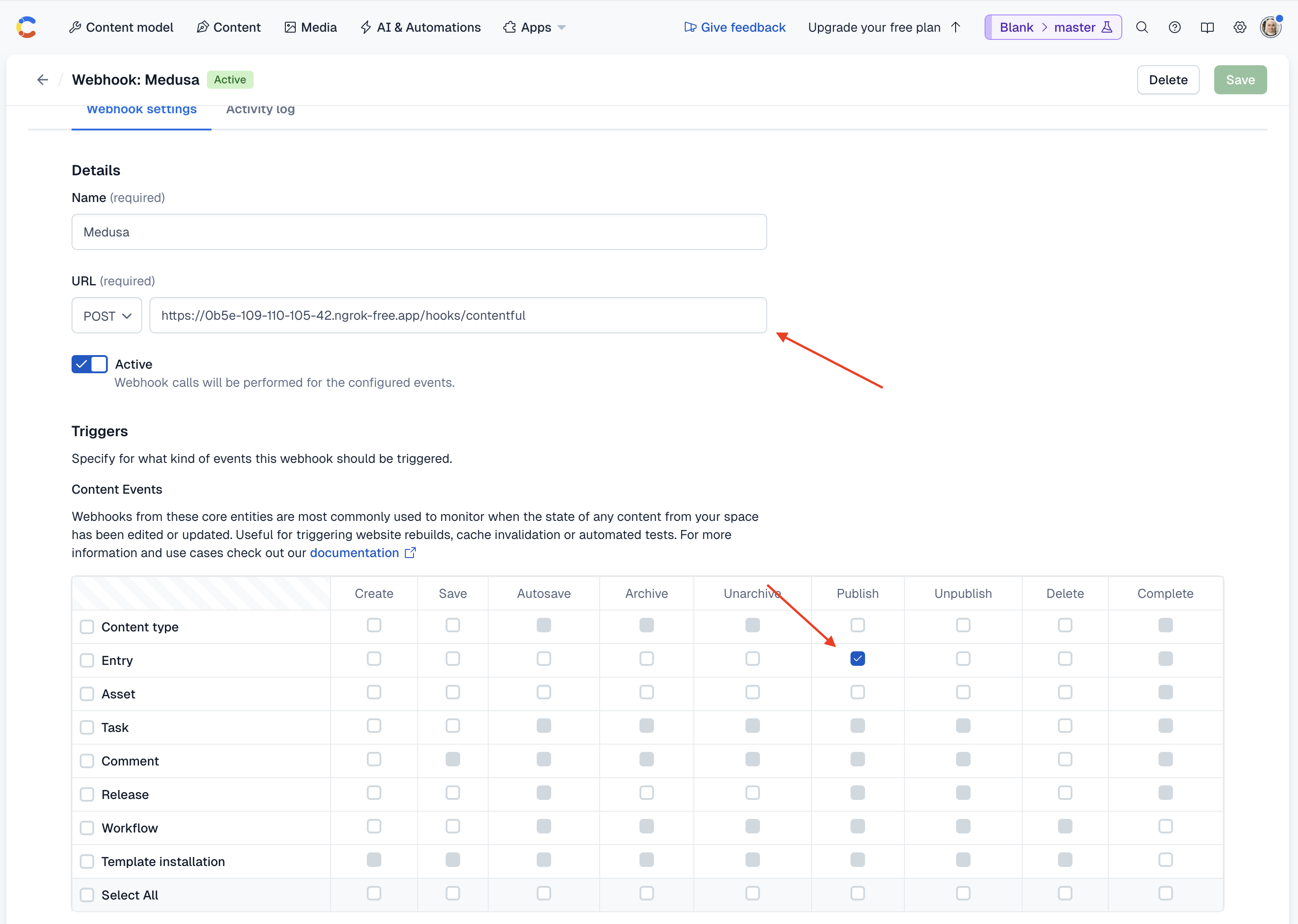 The webhook form with the URL and triggers highlighted