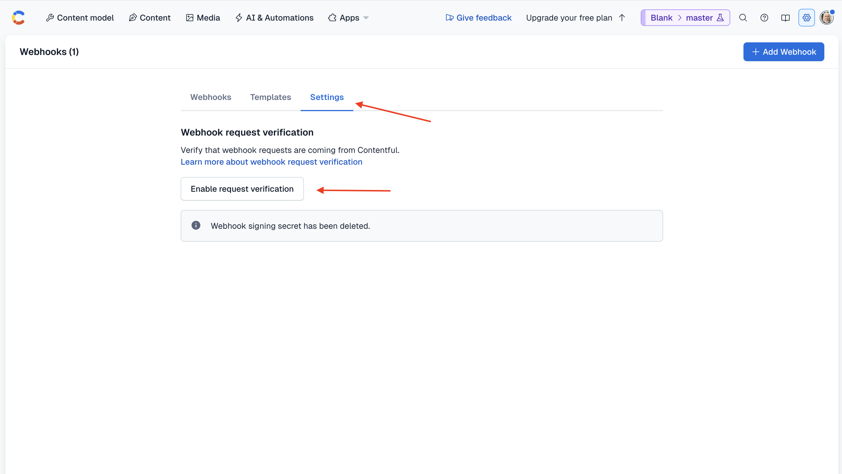The "Enable request verification" button in the "Settings" tab