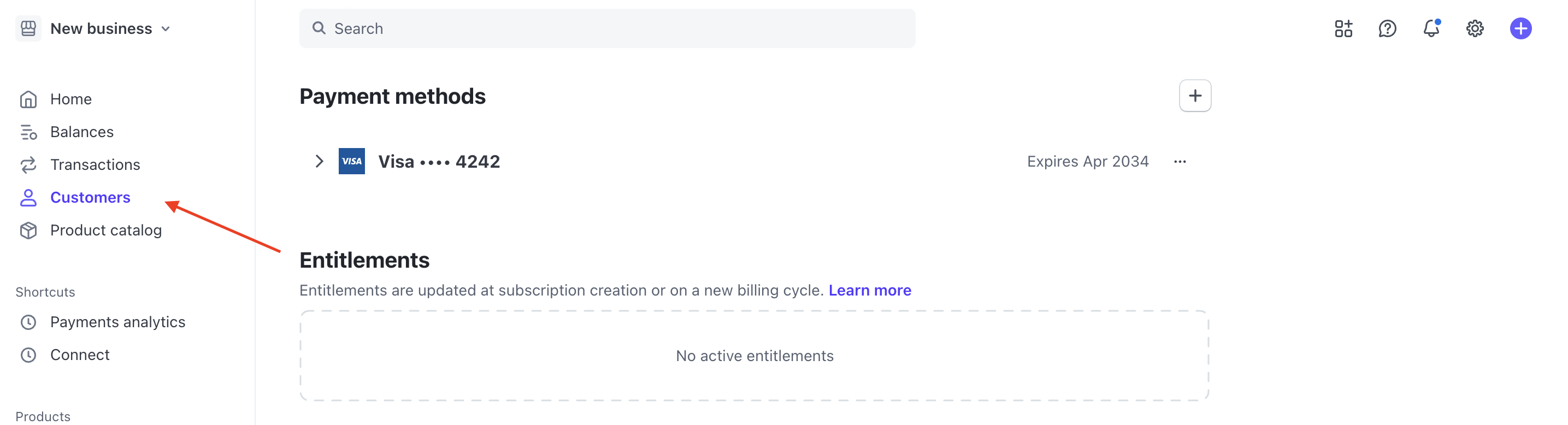 Saved payment method on the Stripe dashboard