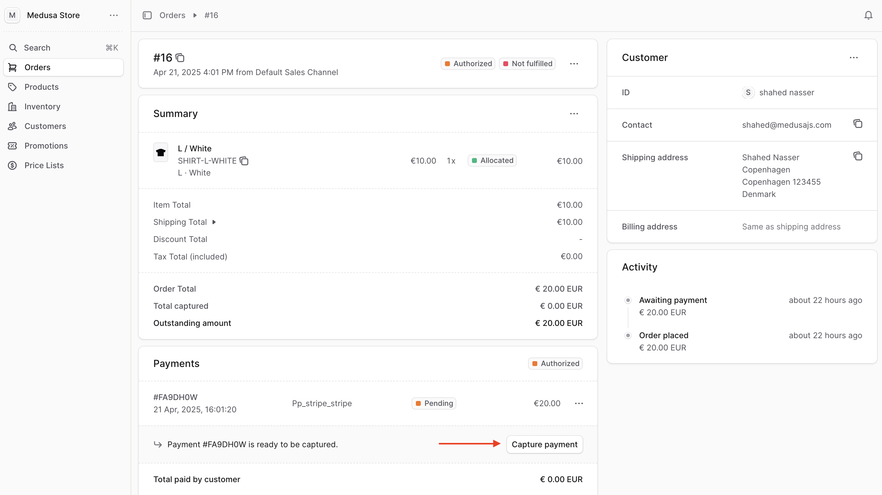 Order in the Medusa Admin dashboard