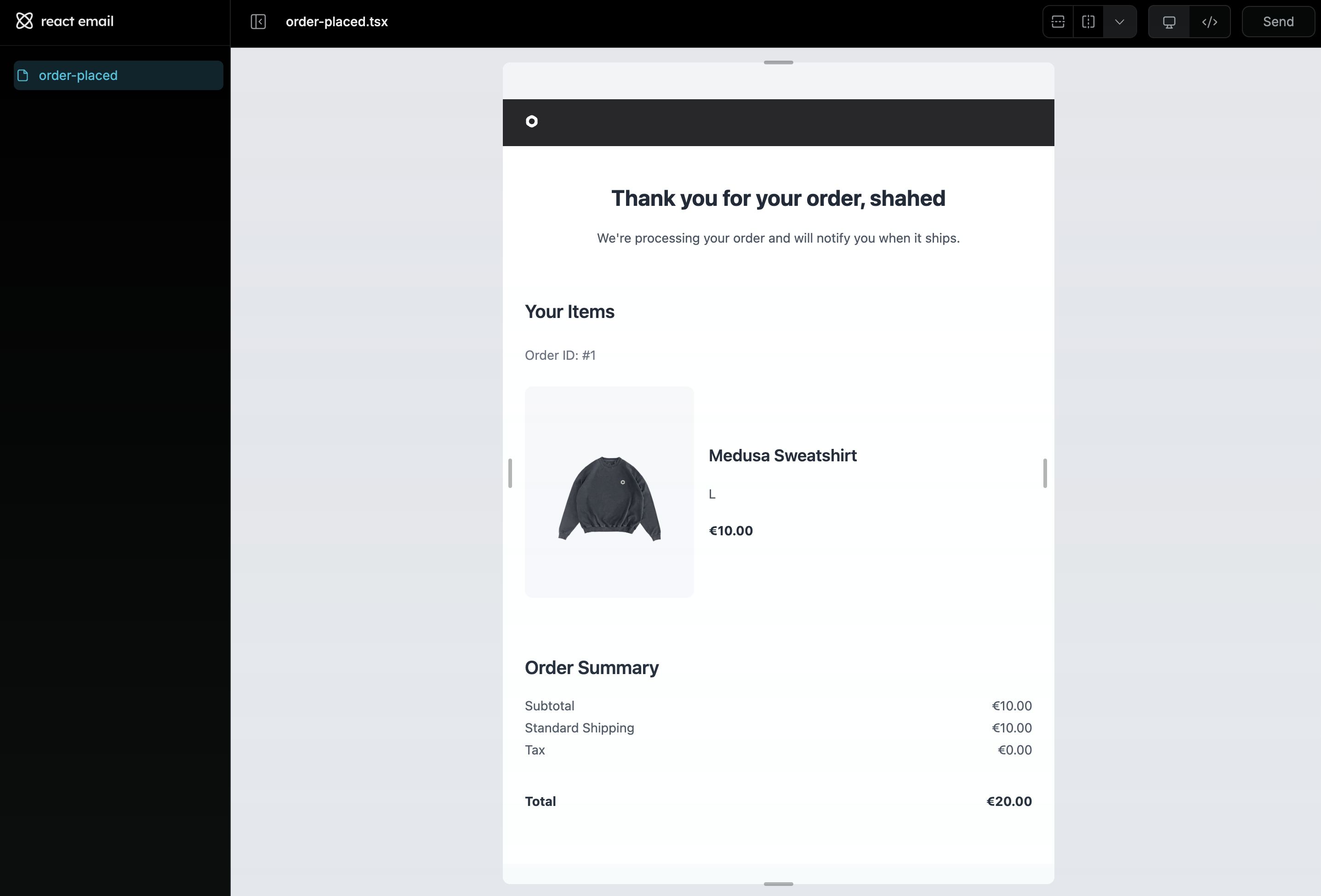The email template rendered in the browser