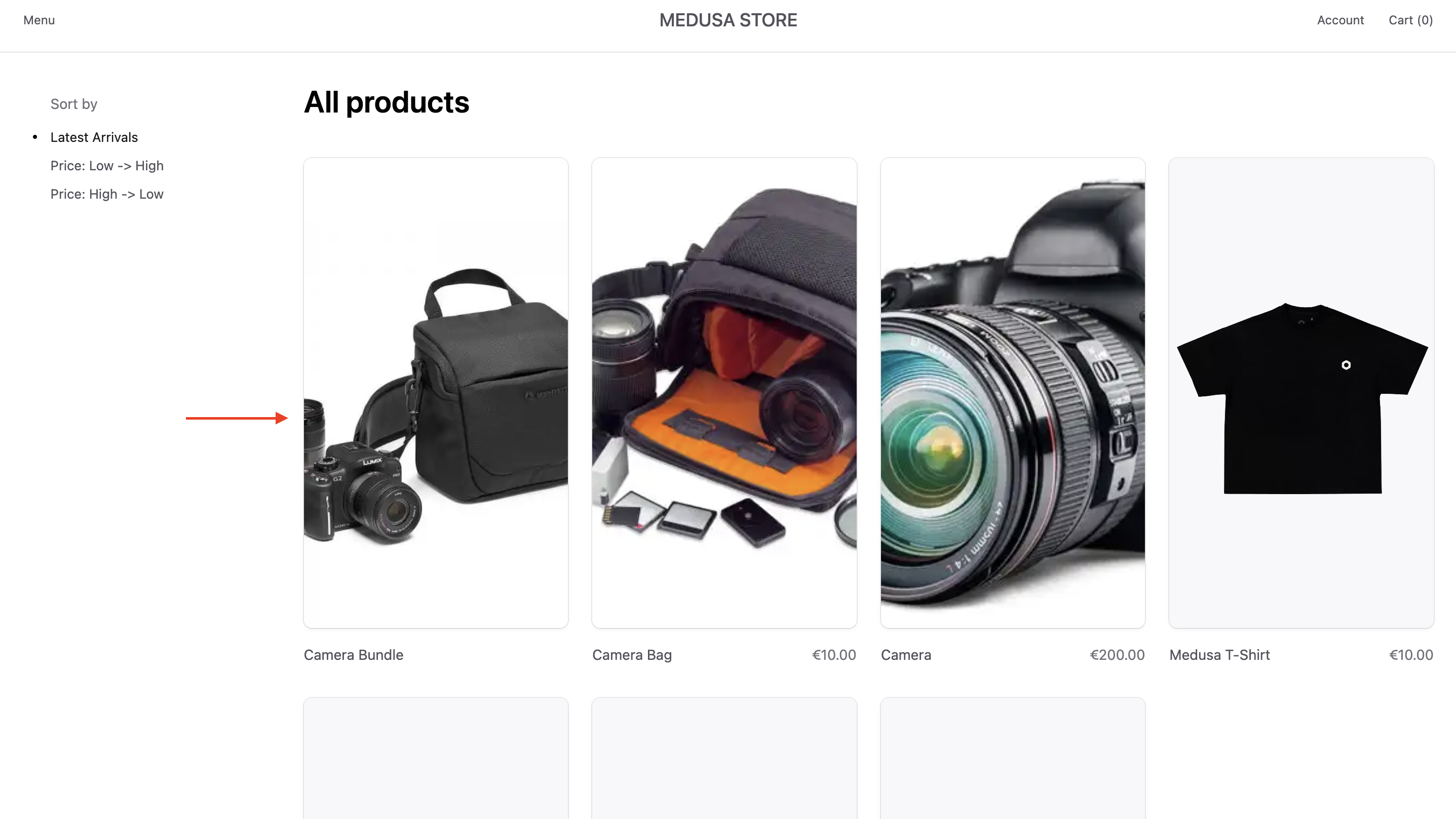 Product catalogue page with the bundled product showing