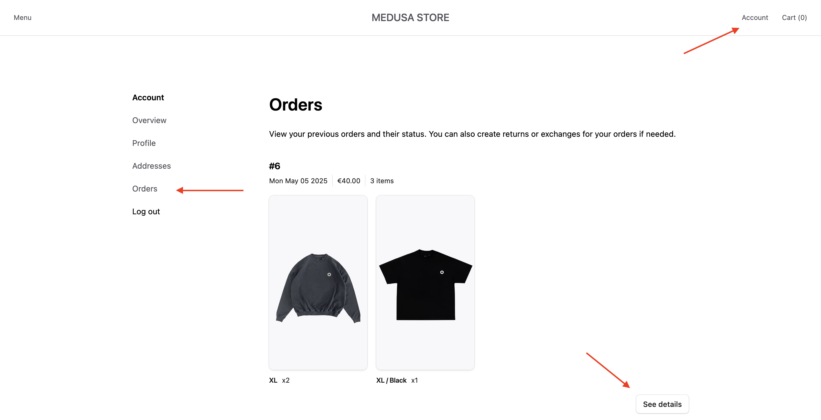 Orders page on customer account