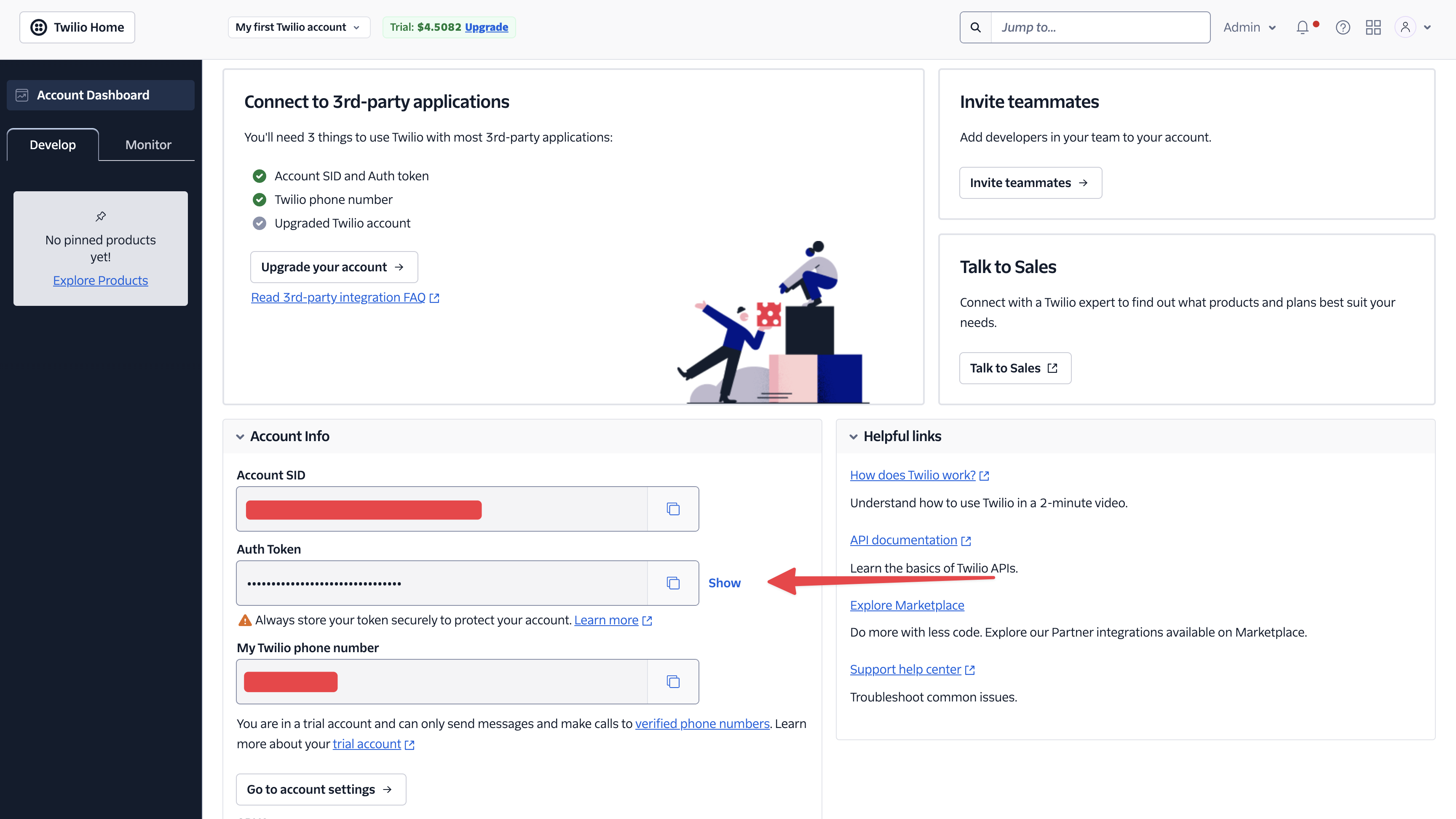 Twilio console homepage showing the account SID, phone number, and auth token