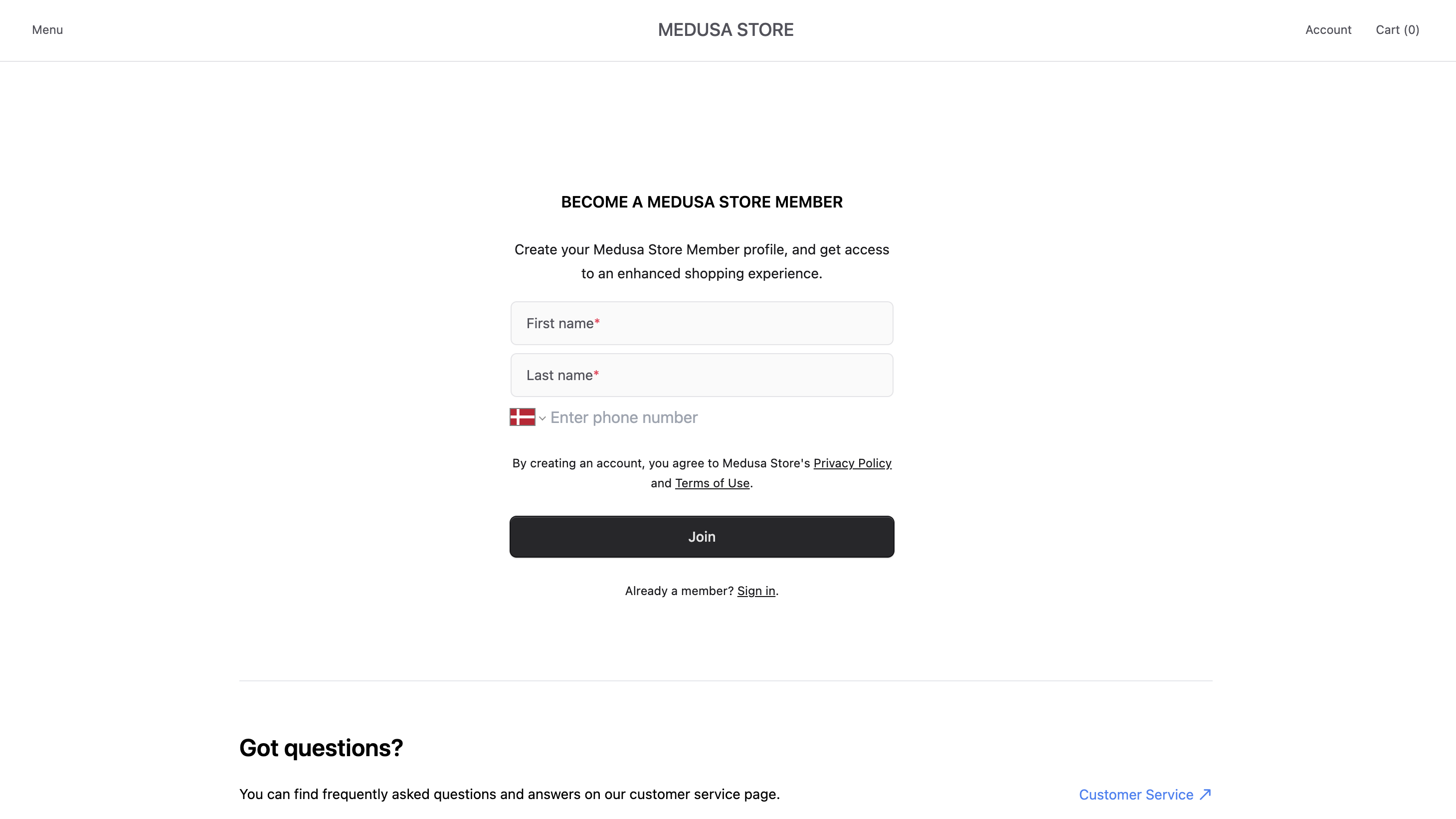 Registration form with phone number input