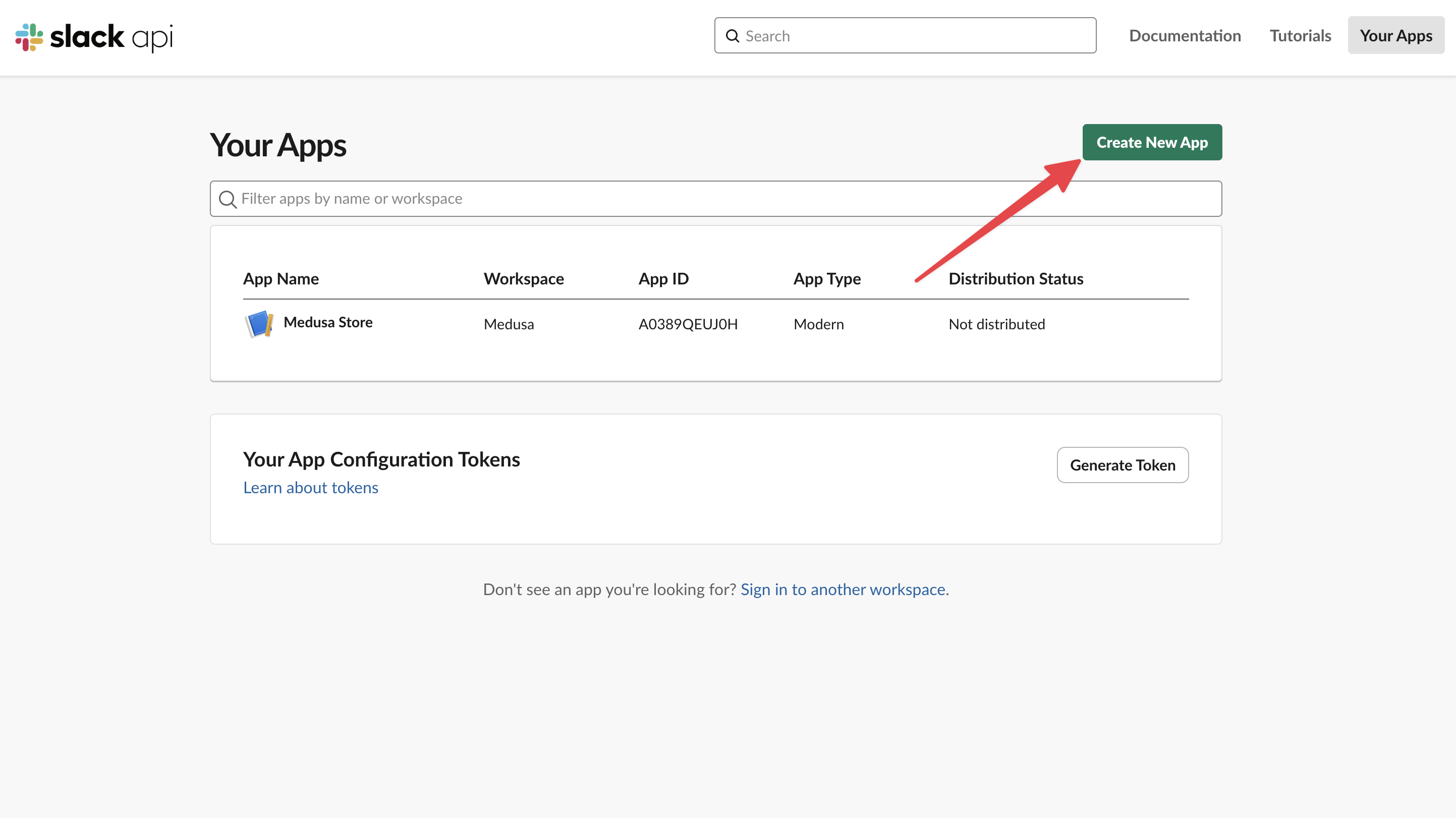 Create New App button on Slack Apps page