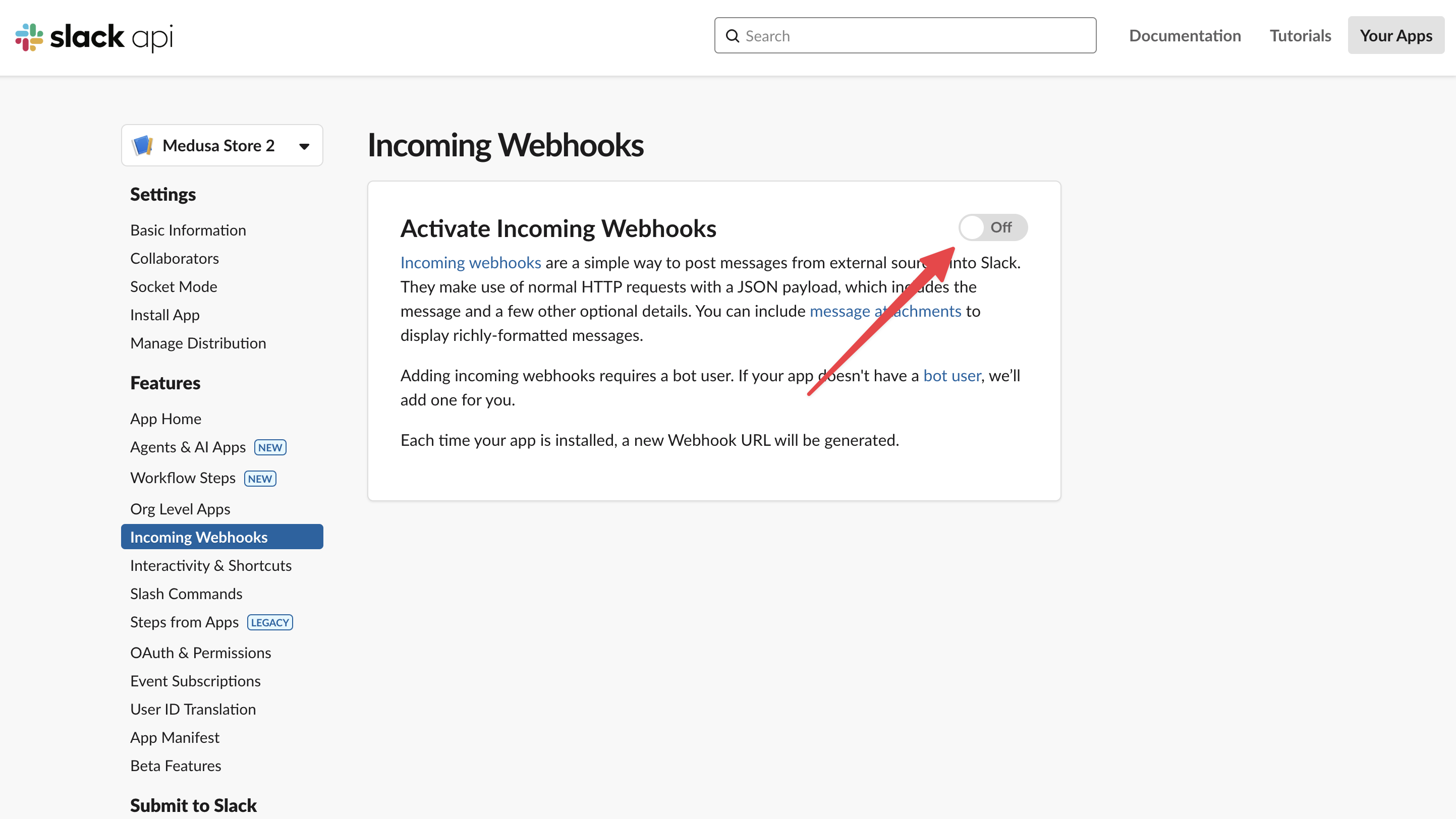 Enable Incoming Webhooks toggle
