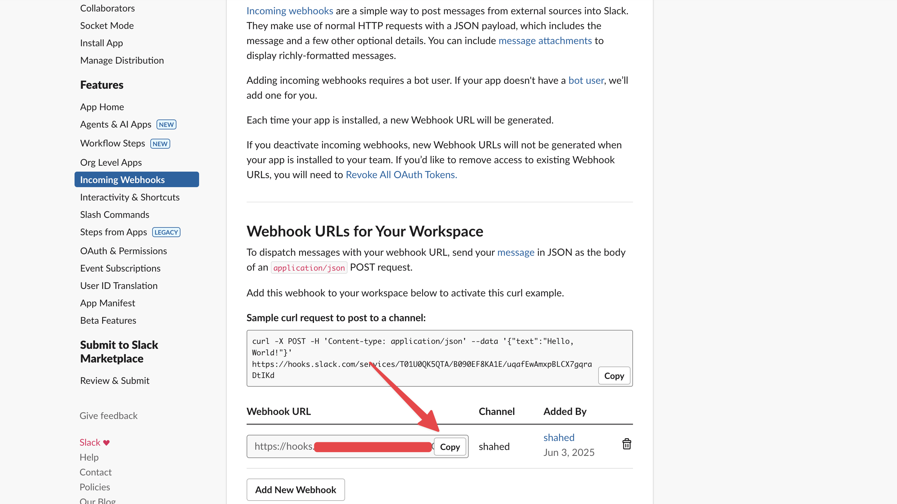 Copy the generated webhook URL