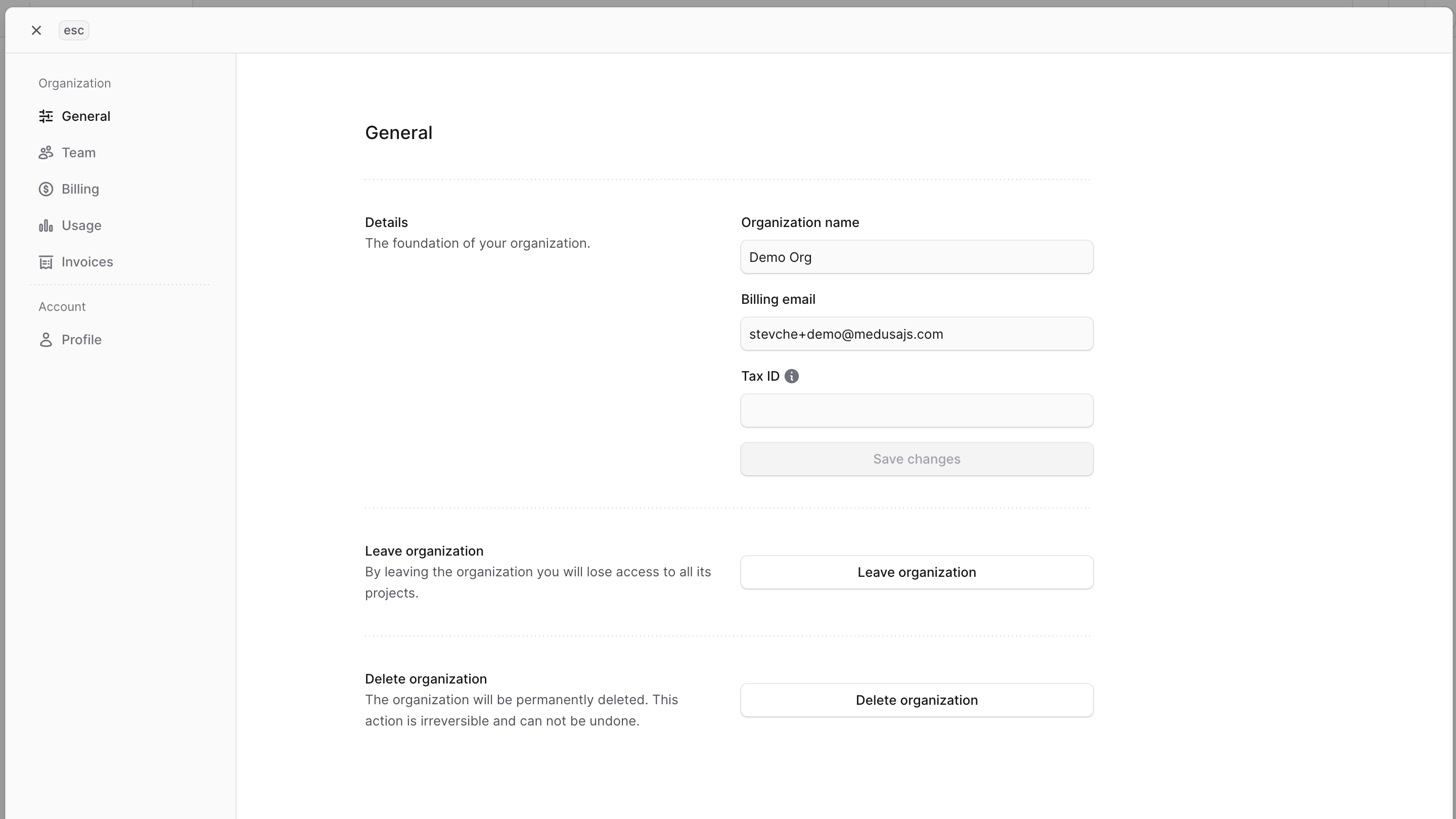 Window showing the organization settings