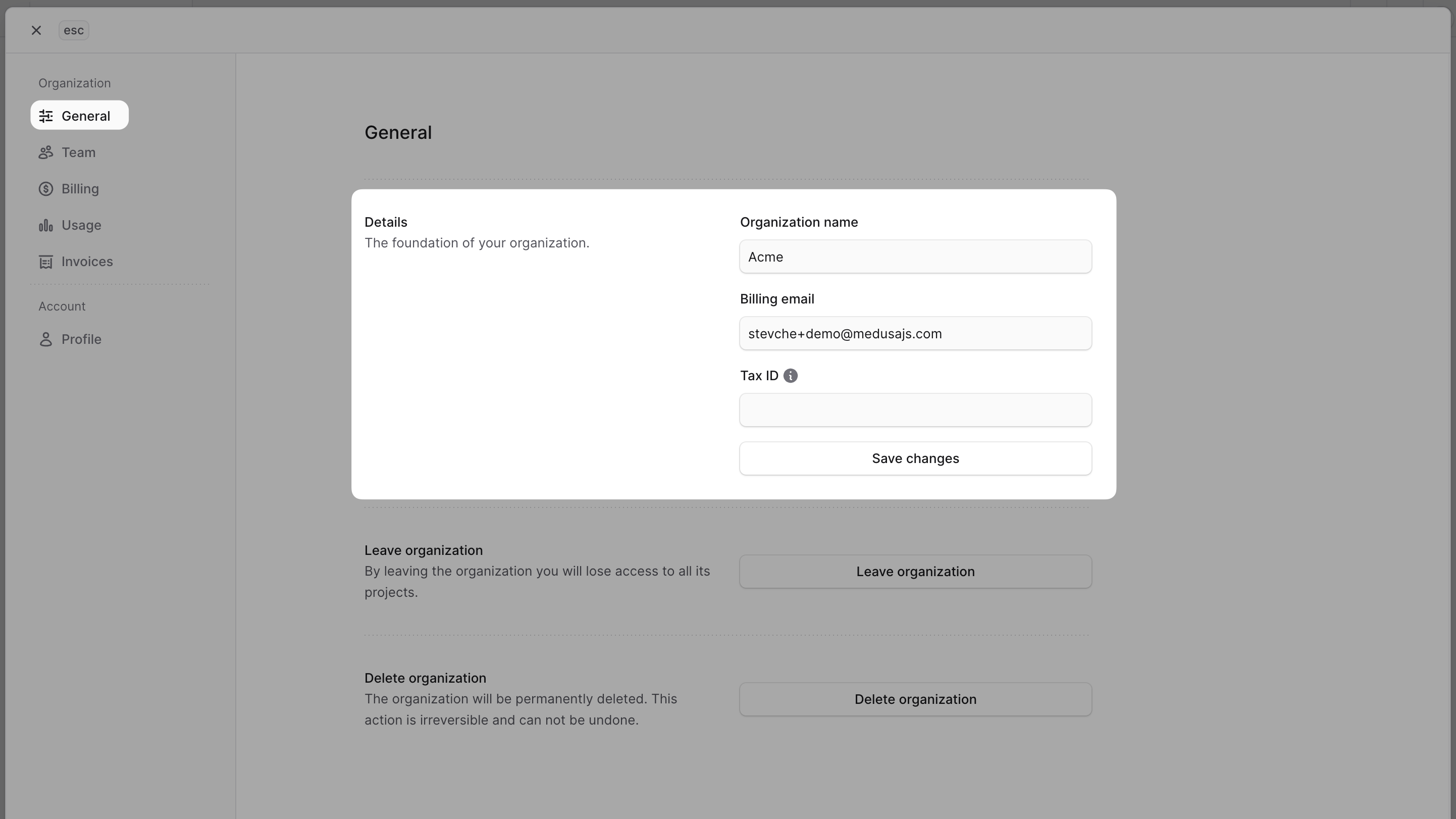 Window showing the organization settings with the General tab selected and the Details section highlighted