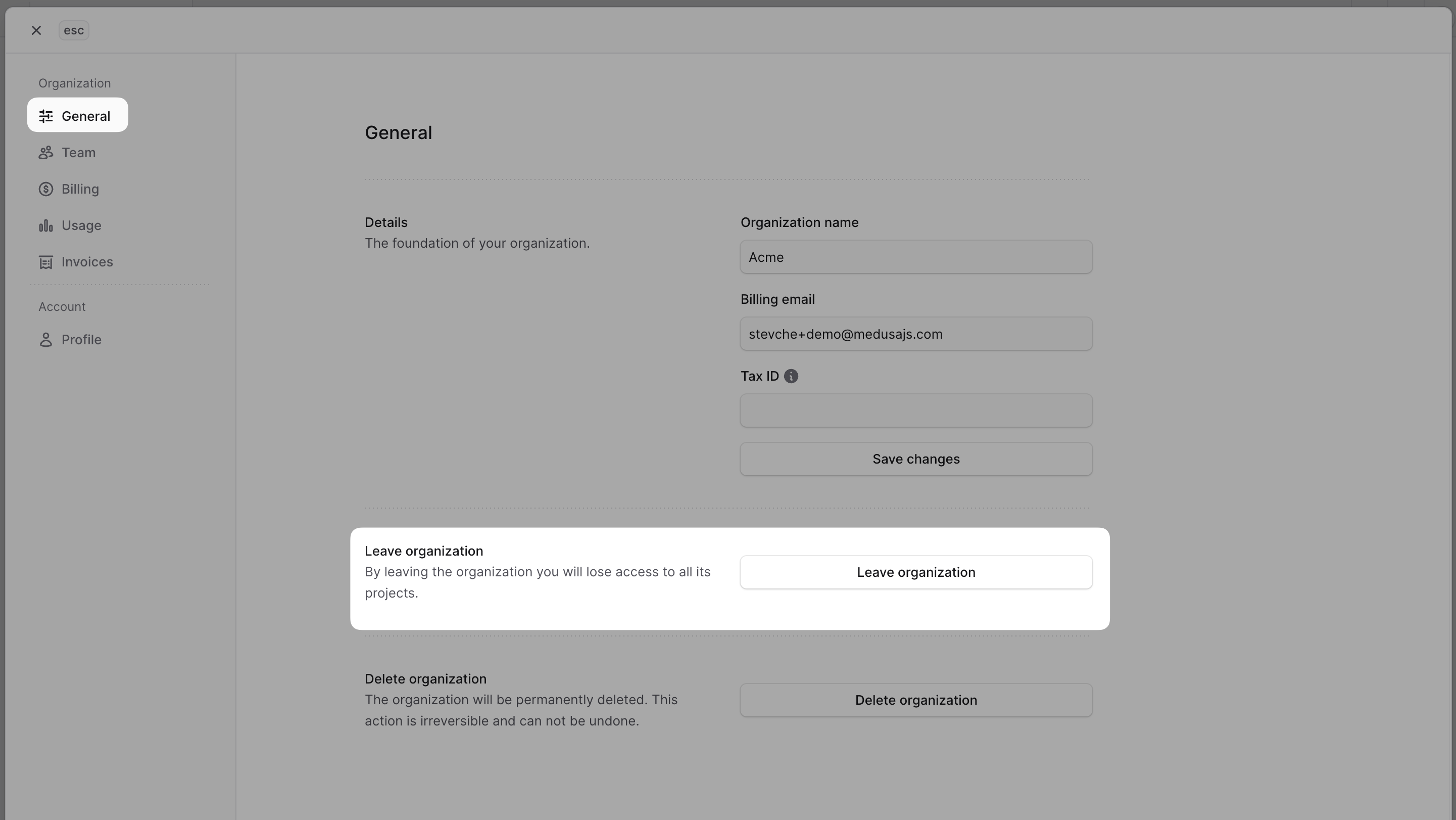 Window showing the organization settings with the General tab selected and the Leave organization section highlighted
