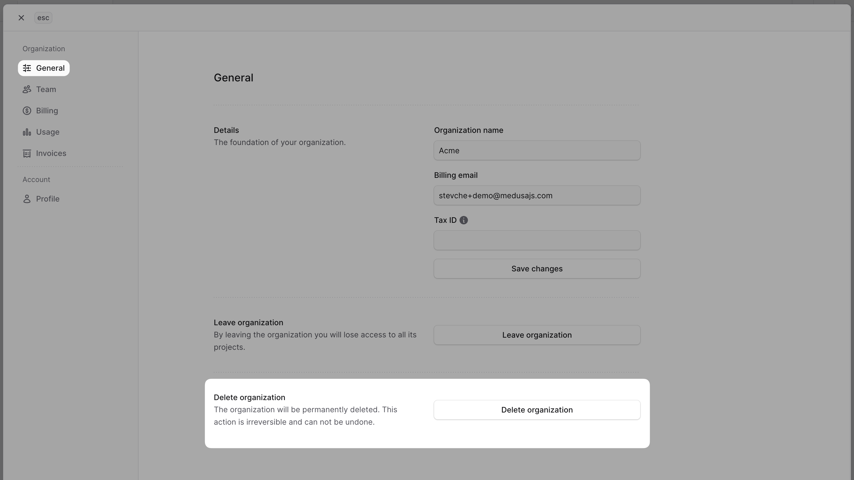 Window showing the organization settings with the General tab selected and the Delete organization section highlighted
