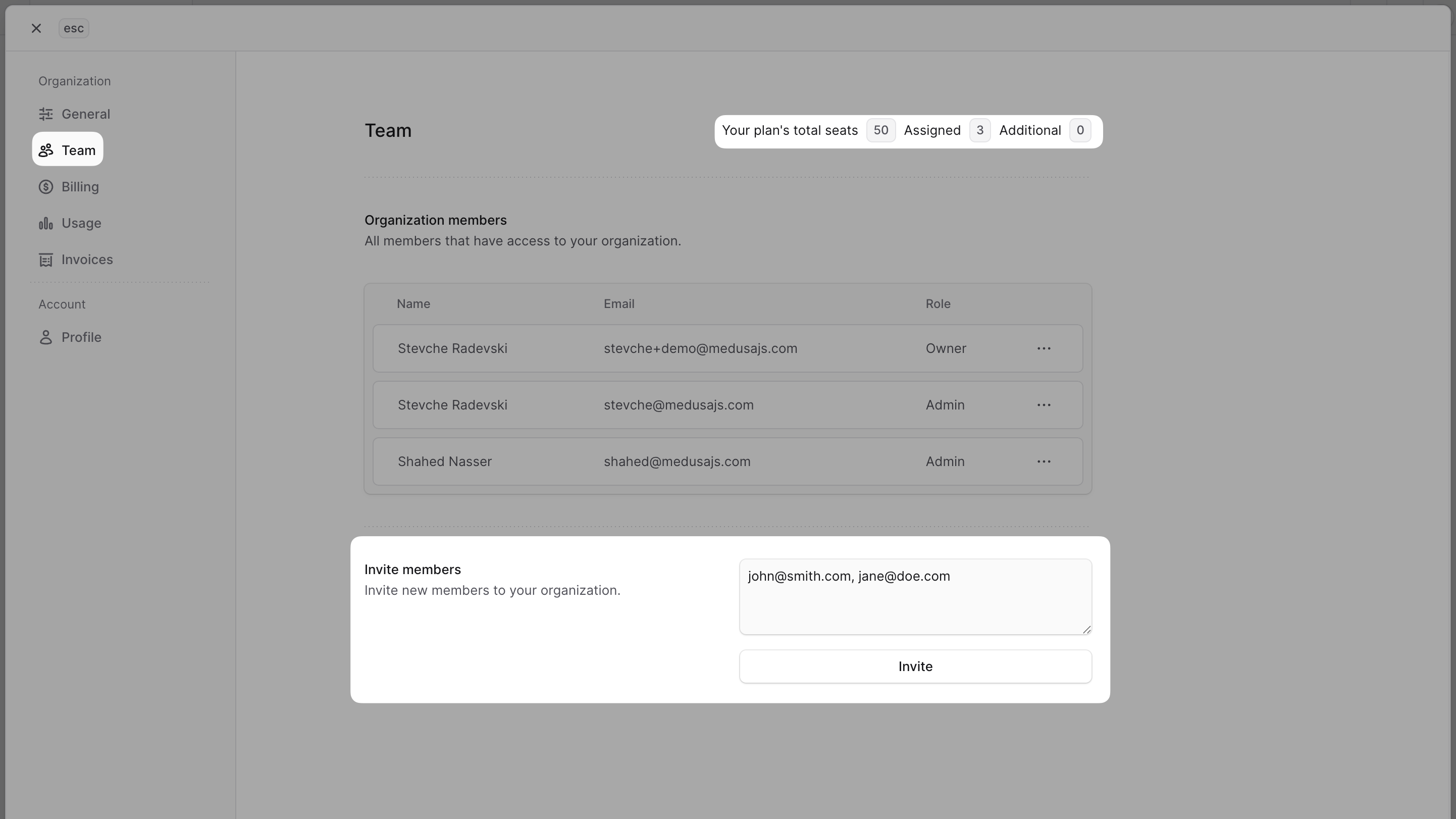 Window showing the organization members in the Team tab with the Invite members section highlighted
