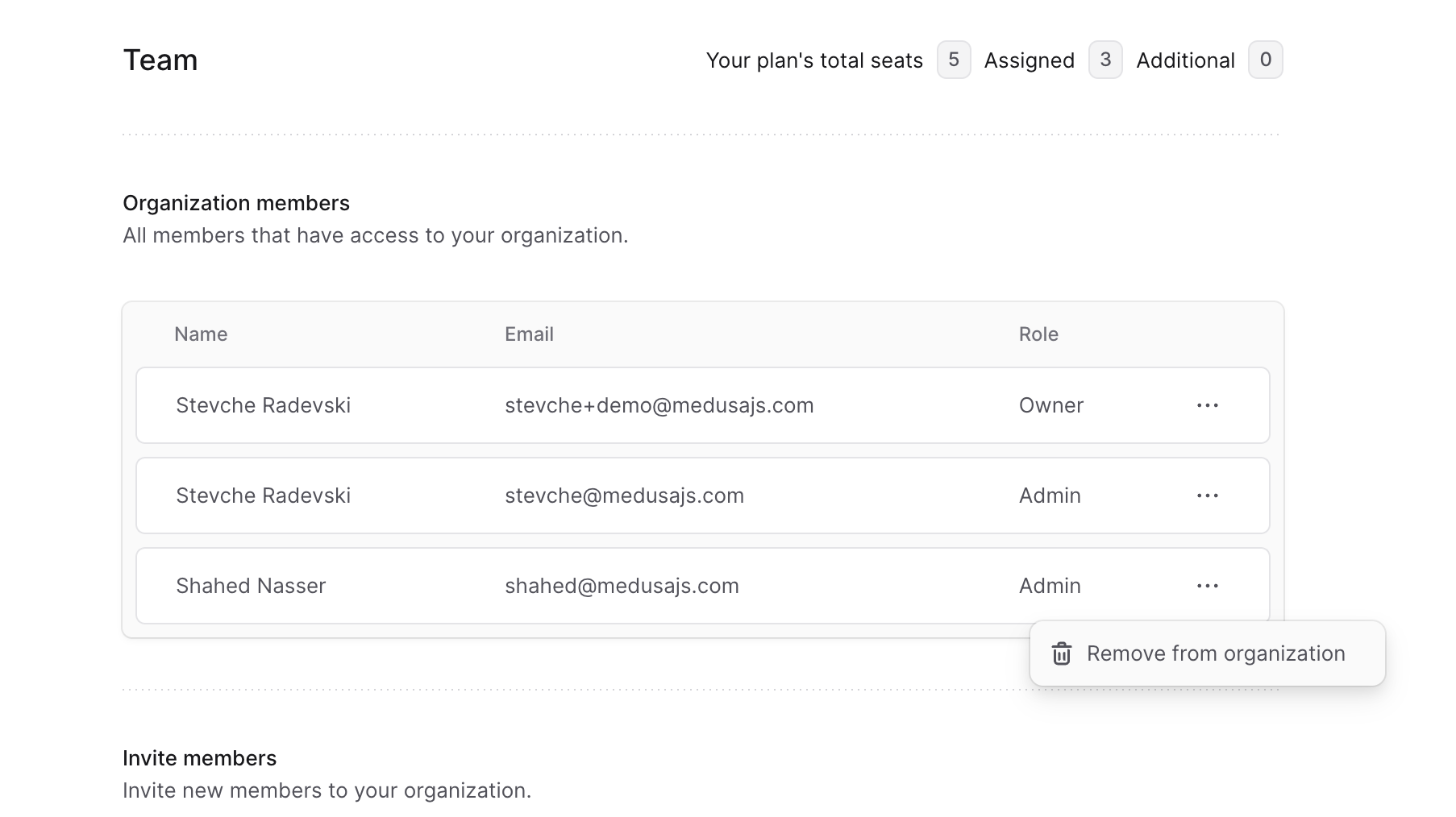Window showing the organization members in the Team tab with the dropdown of a member opened