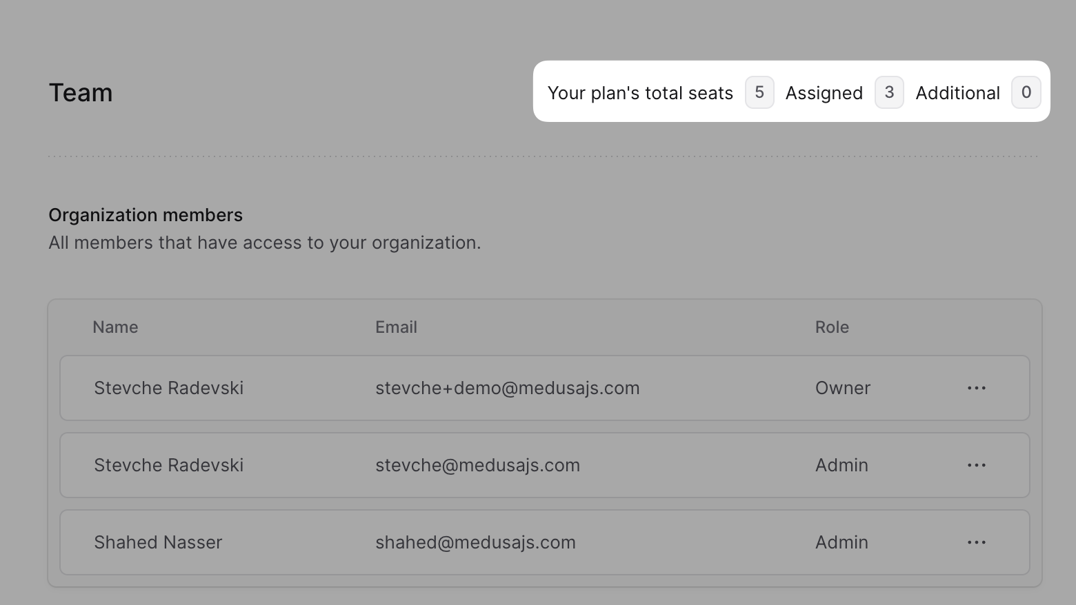 Window showing the organization members in the Team tab with the available seats highlighted