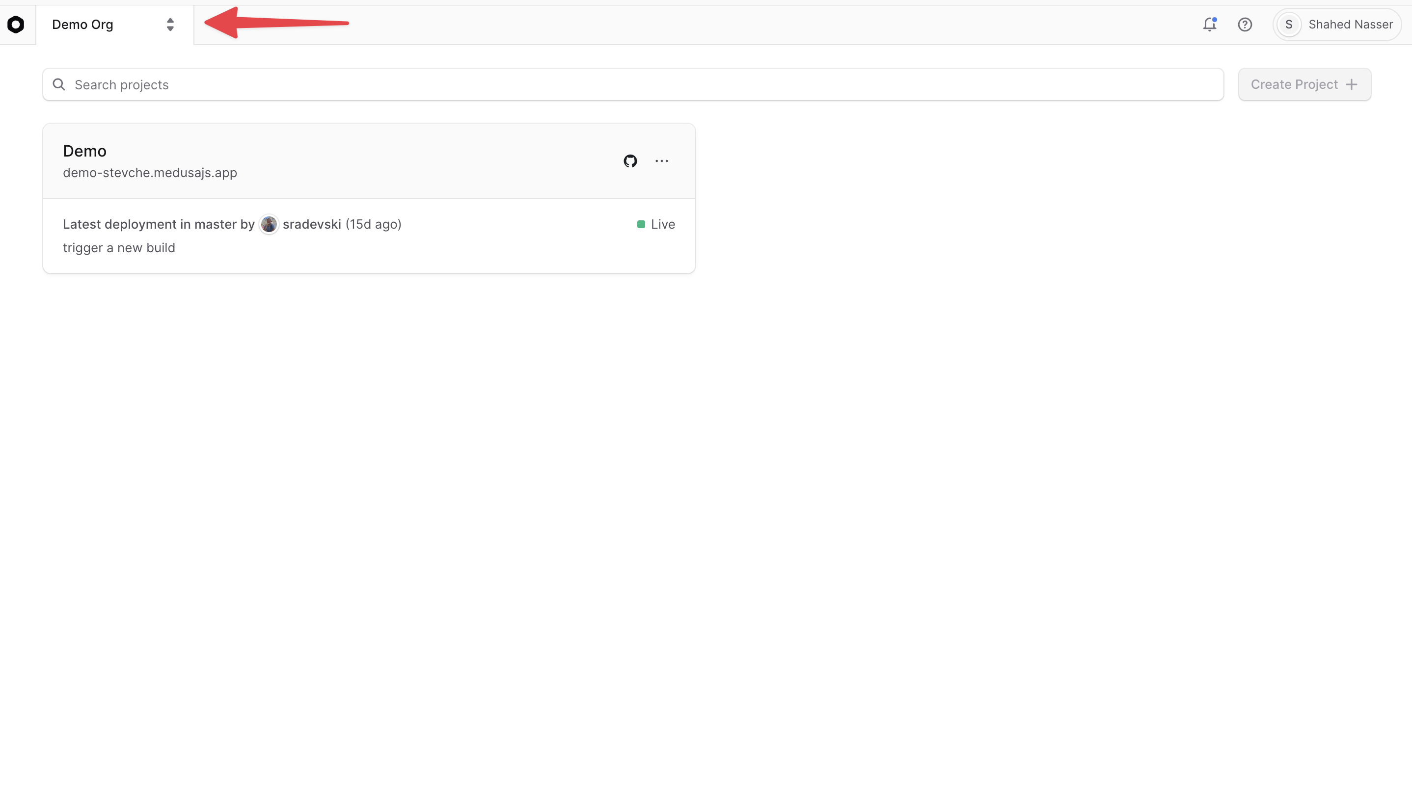 Cloud dashboard interface showing the current organization name prominently displayed in the top-left corner of the navigation header, indicating which organization's projects and resources are currently being managed in the dashboard view