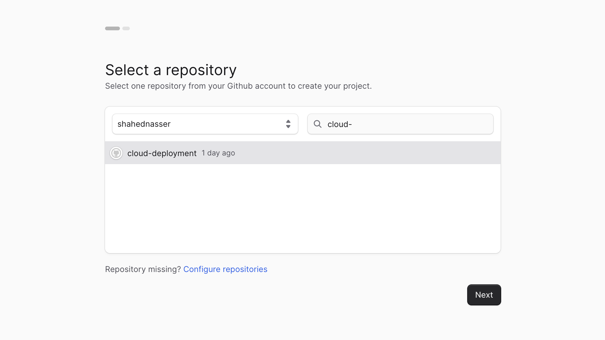 The select repository step in the project creation flow with a repository selected