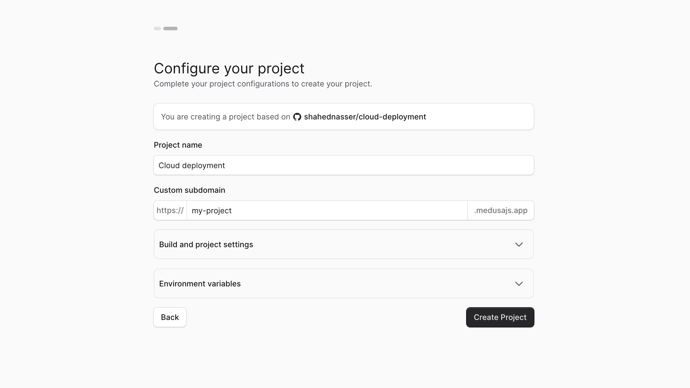 The project settings step in the project creation flow with the settings filled in