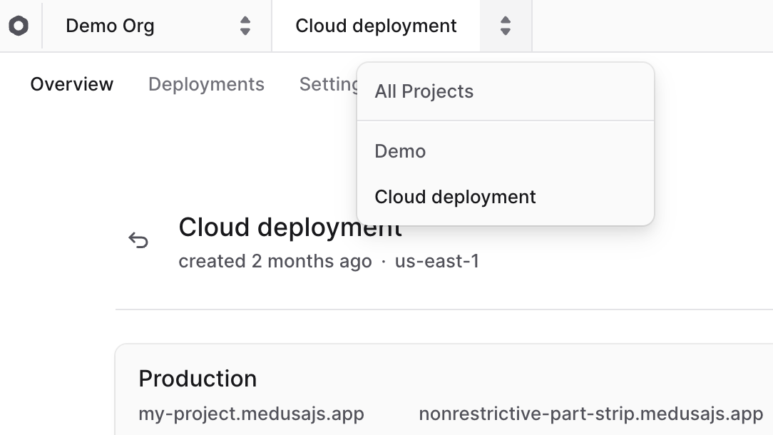 Project switcher at the top left of the Cloud dashboard