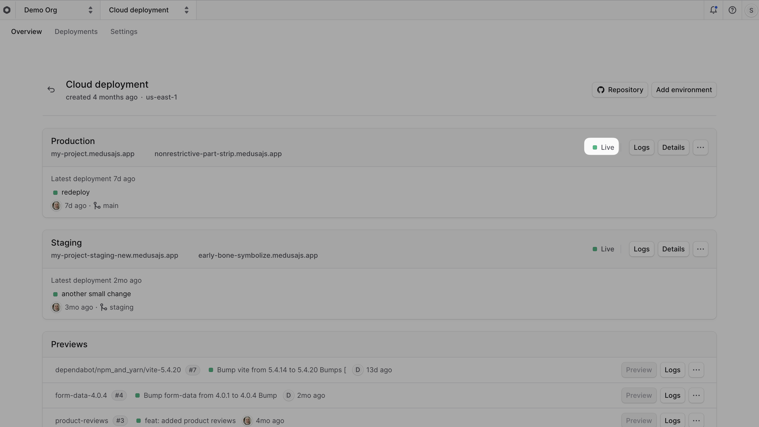 The project status in the list of projects