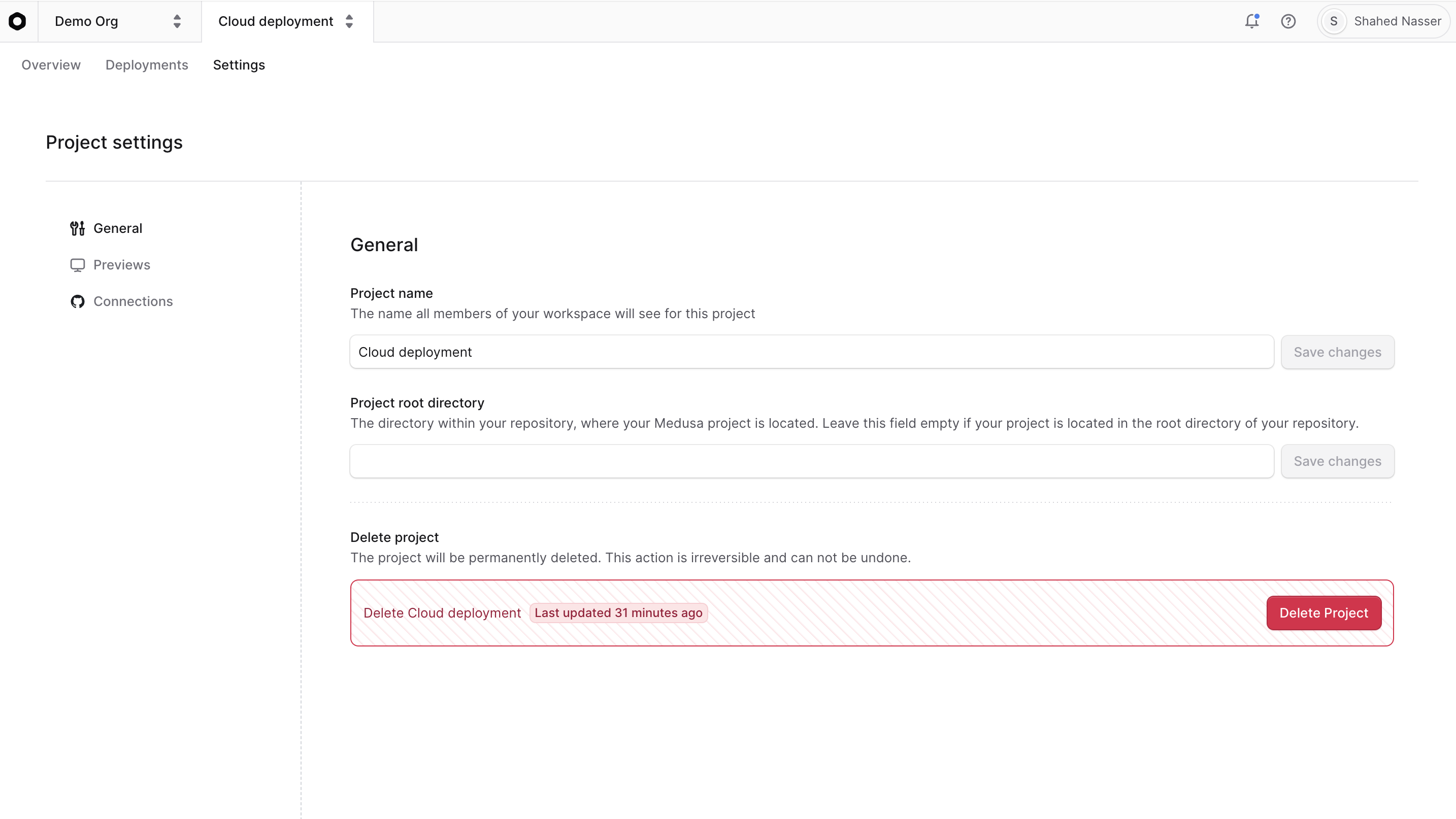 The project settings with the General tab selected
