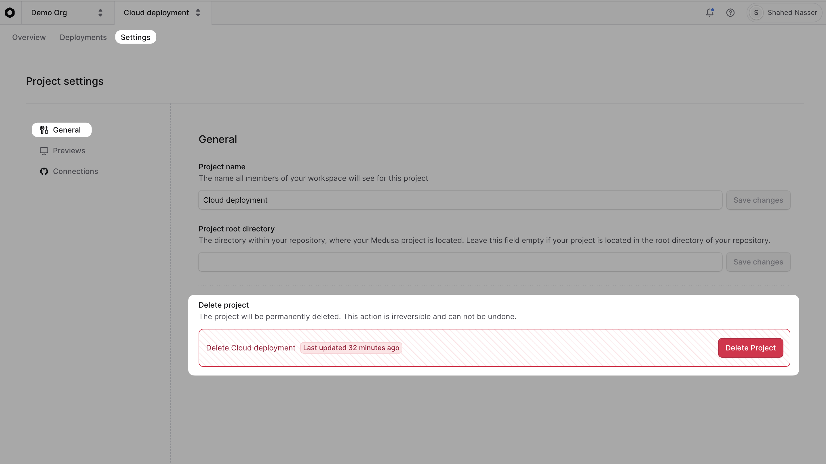 The project settings with the General tab selected and the Delete project section highlighted