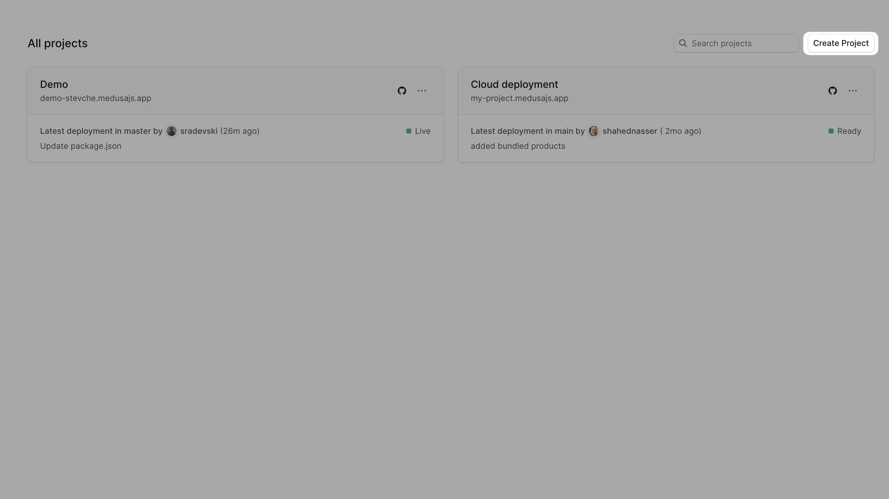 The create project button in the organization dashboard