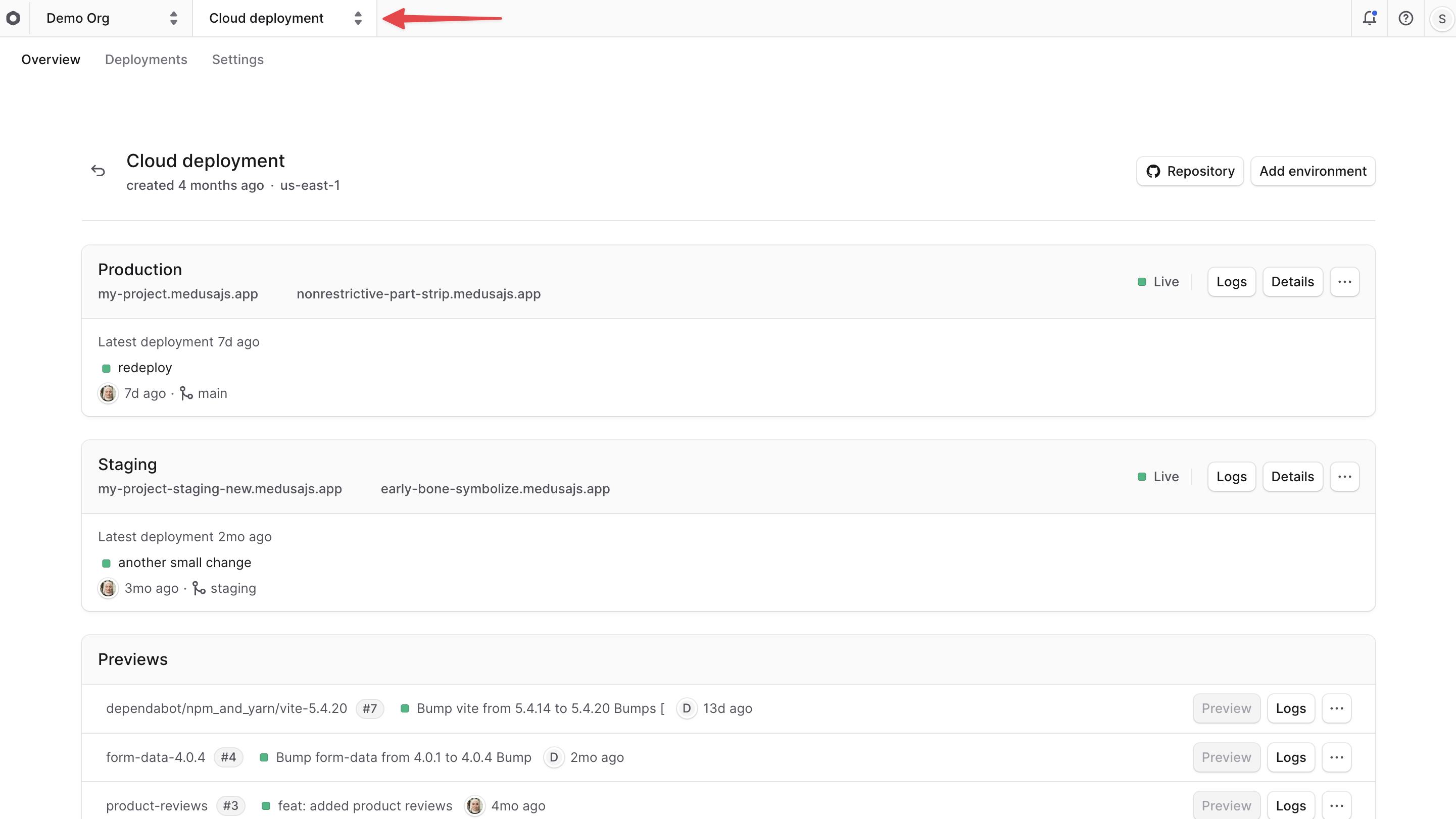 The project name at the top left of the Cloud dashboard