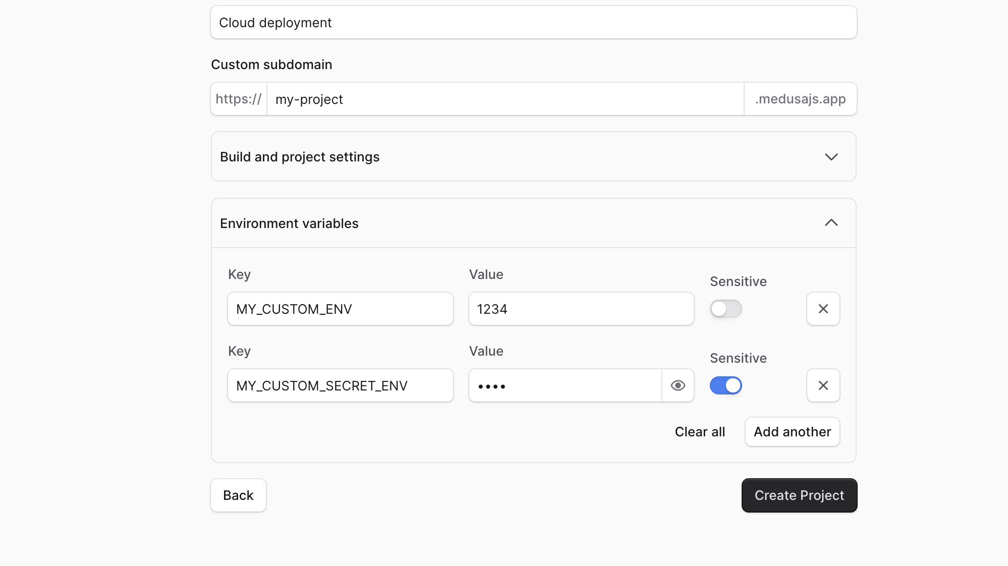 The environment variables step in the project creation flow with the variables filled in