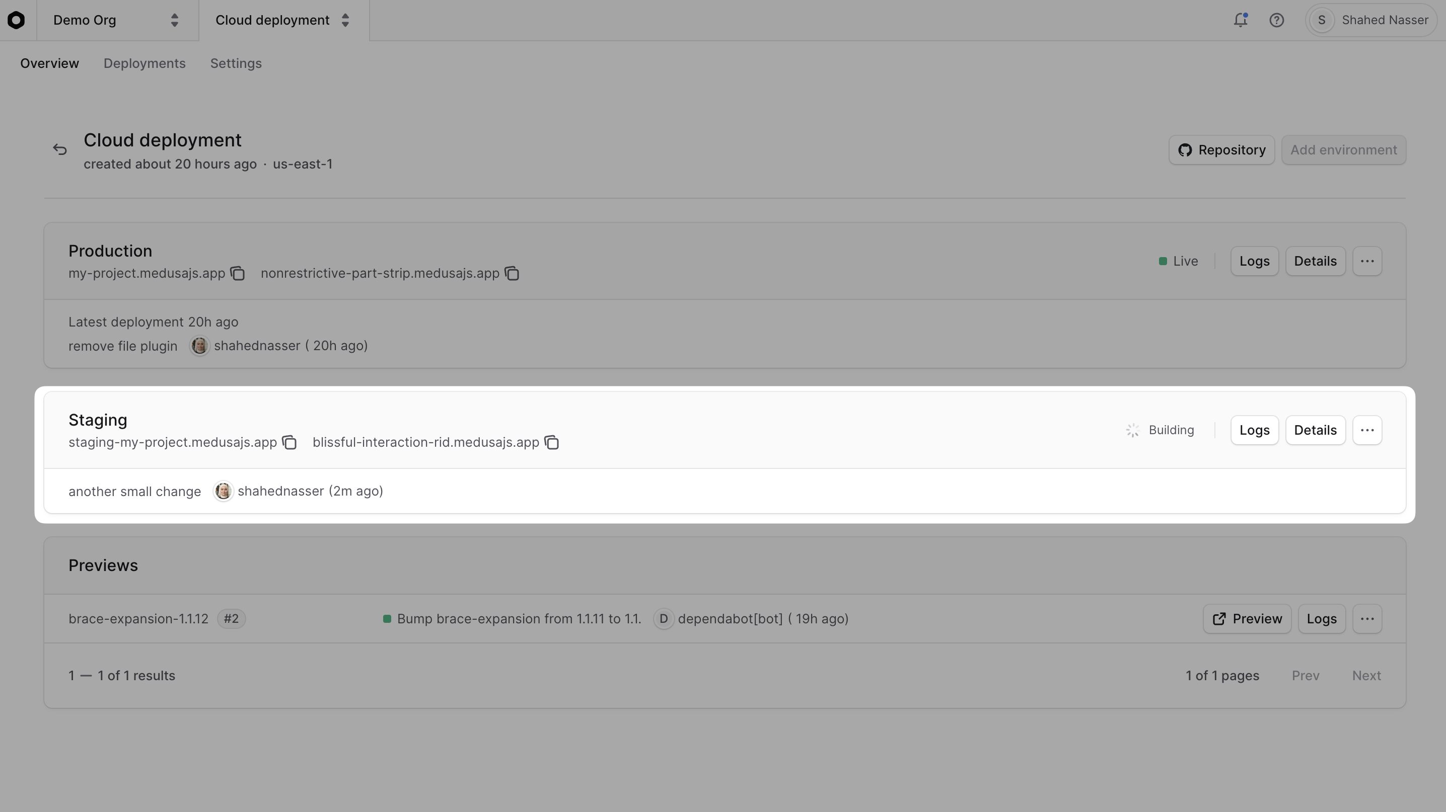 Project dashboard showing the created environment