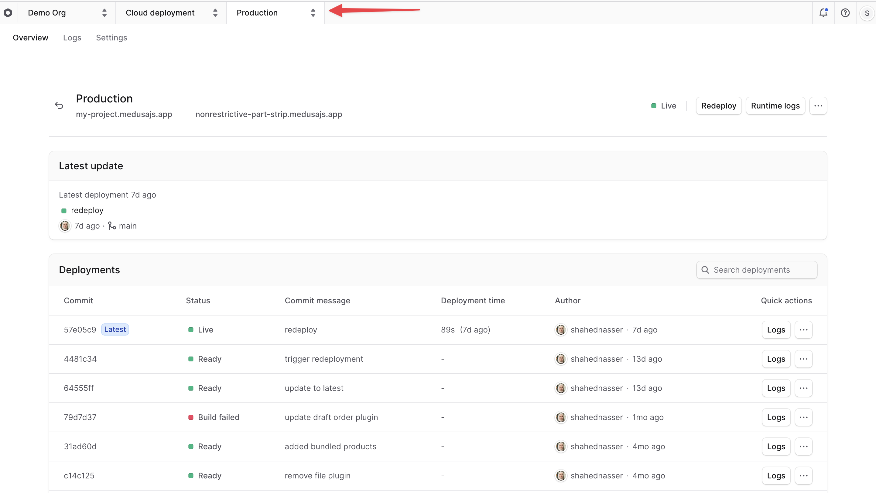 Environment dashboard with the name at the top left