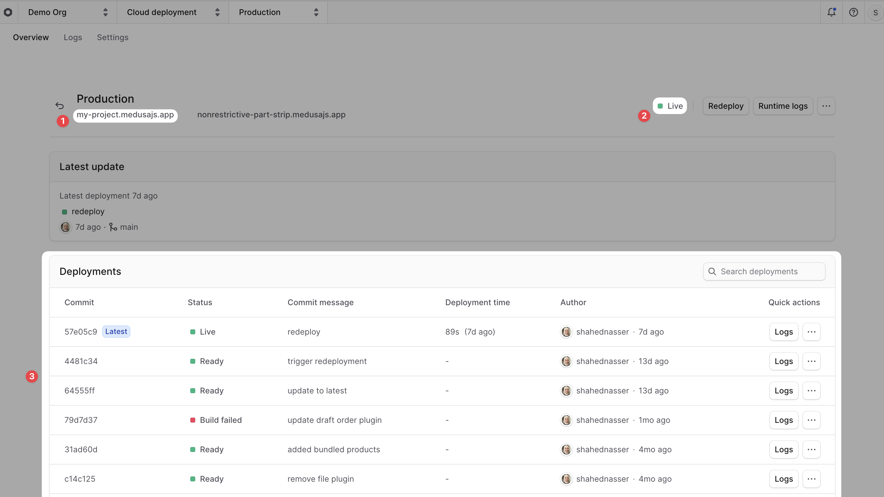 Environment dashboard with sections highlighted