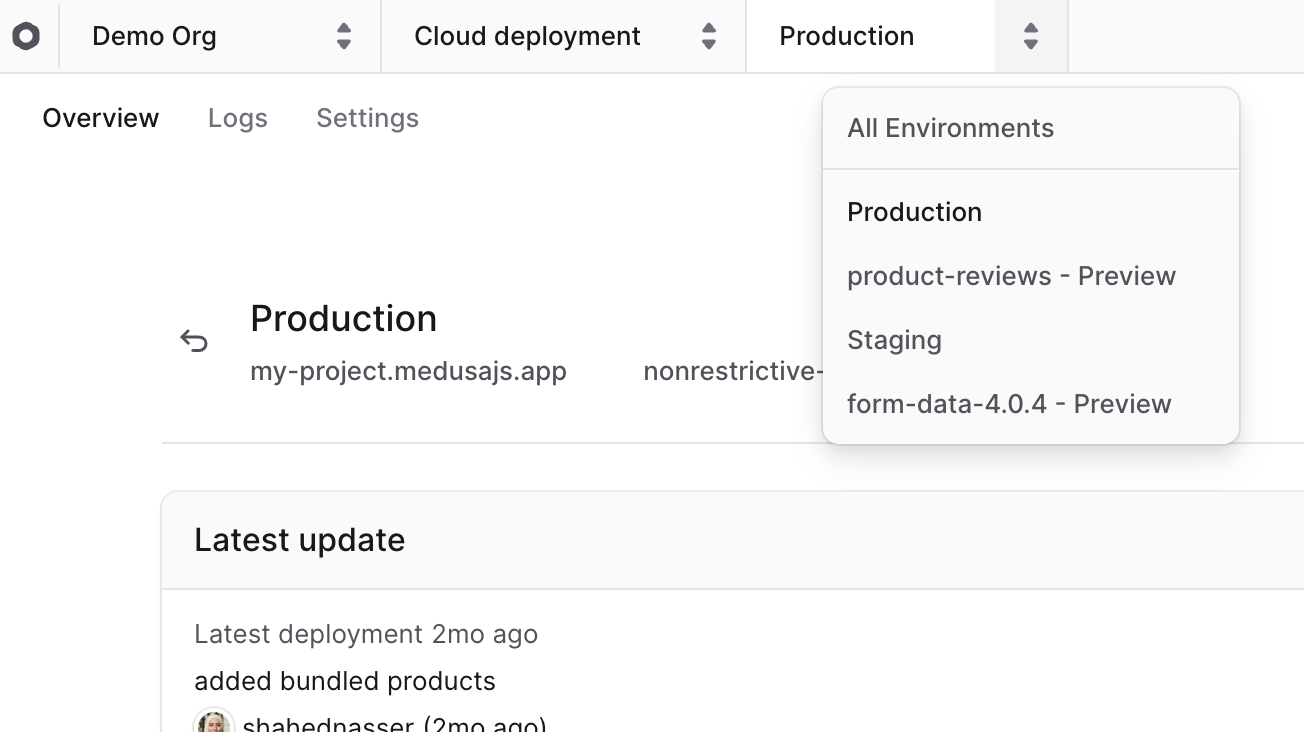 Environment switcher dropdown at the top of the dashboard