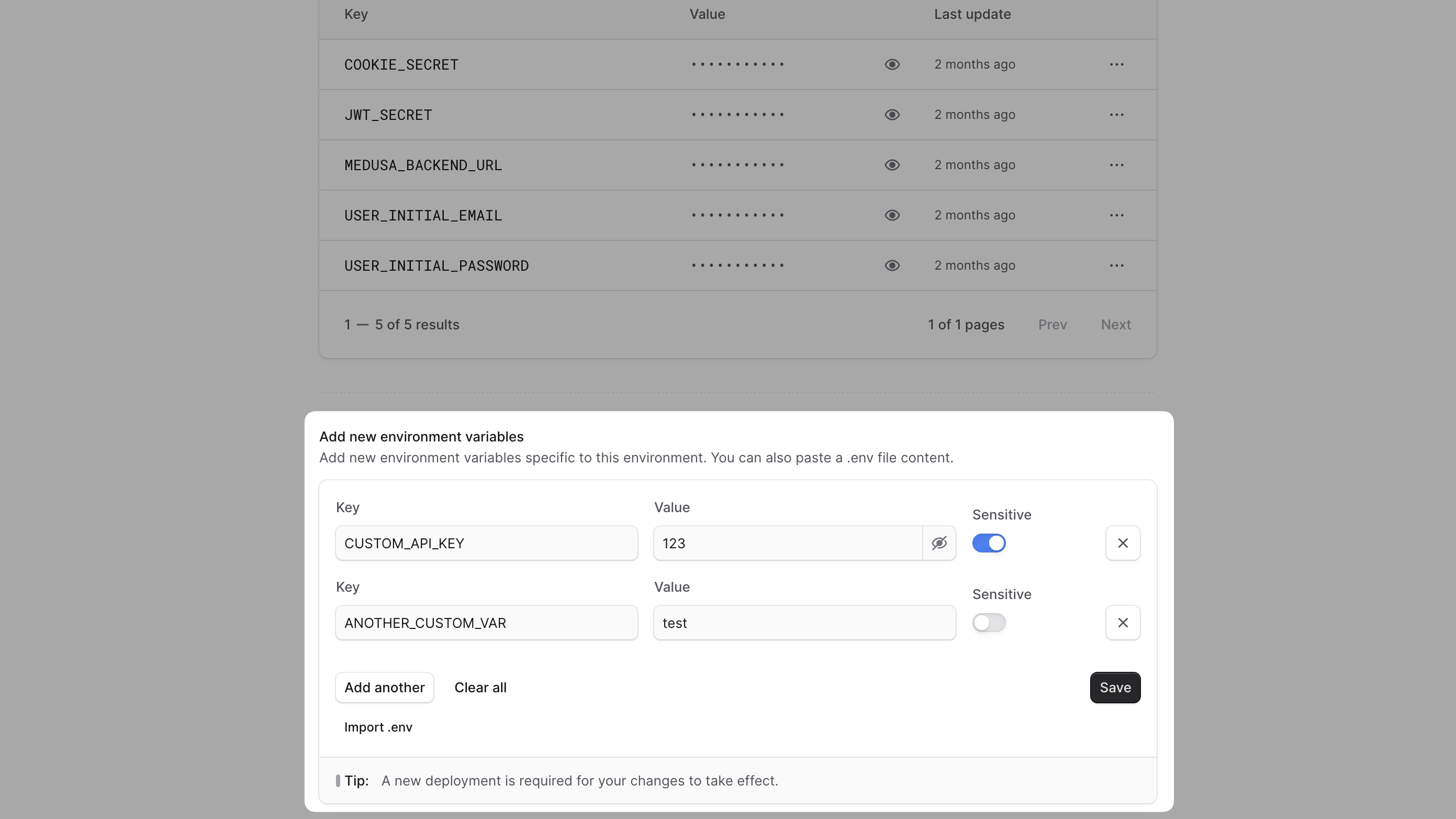 Environment variables section in the environment's settings tab